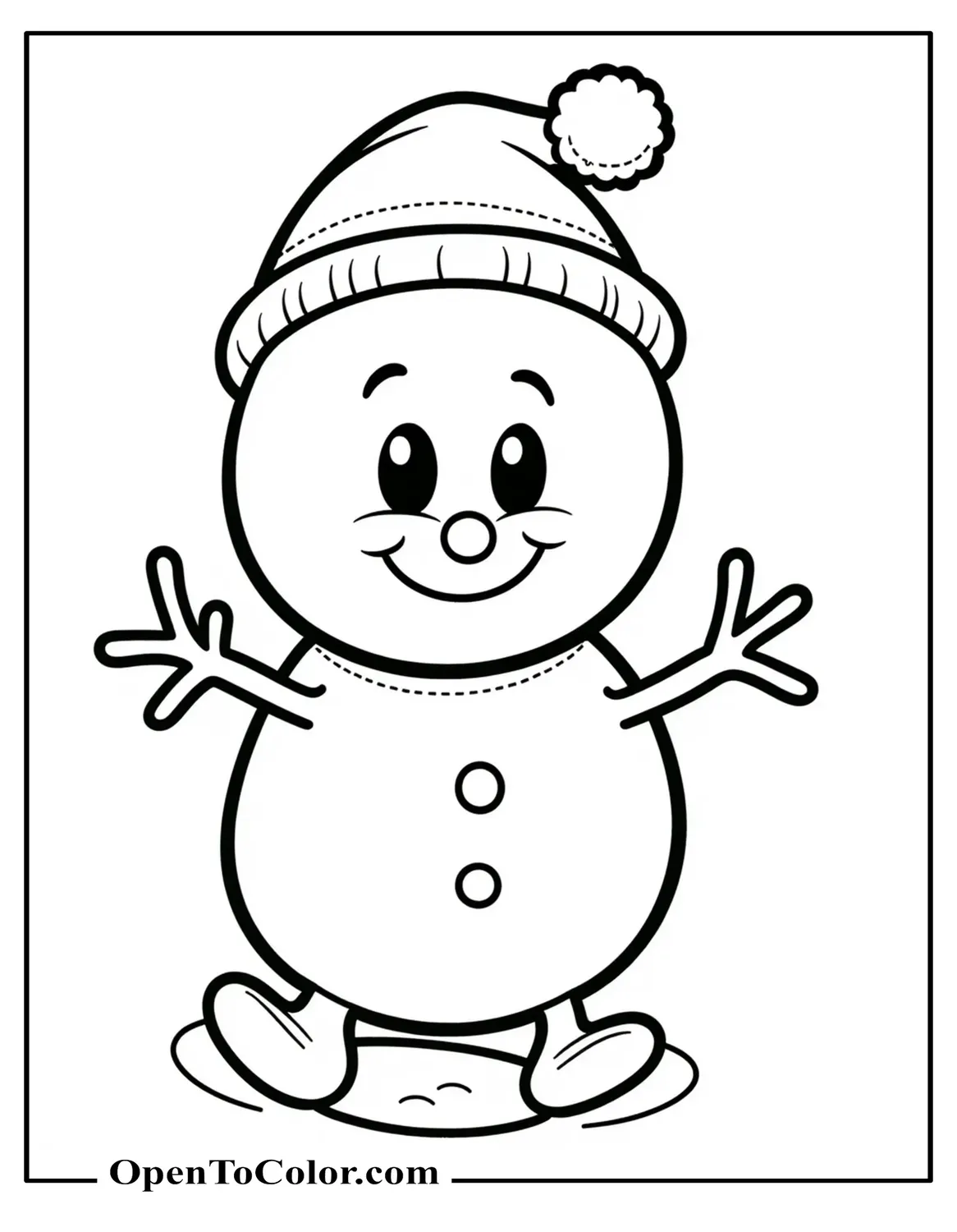 Printable Coloring Page of Cartoon Snowman with Oversized Head, Tiny Body, and Bouncy Pose