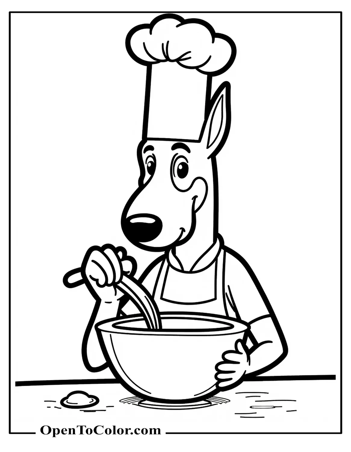 Doberman Chef Coloring Page in a Tall Hat Stirring a Mixing Bowl on a Table PDF