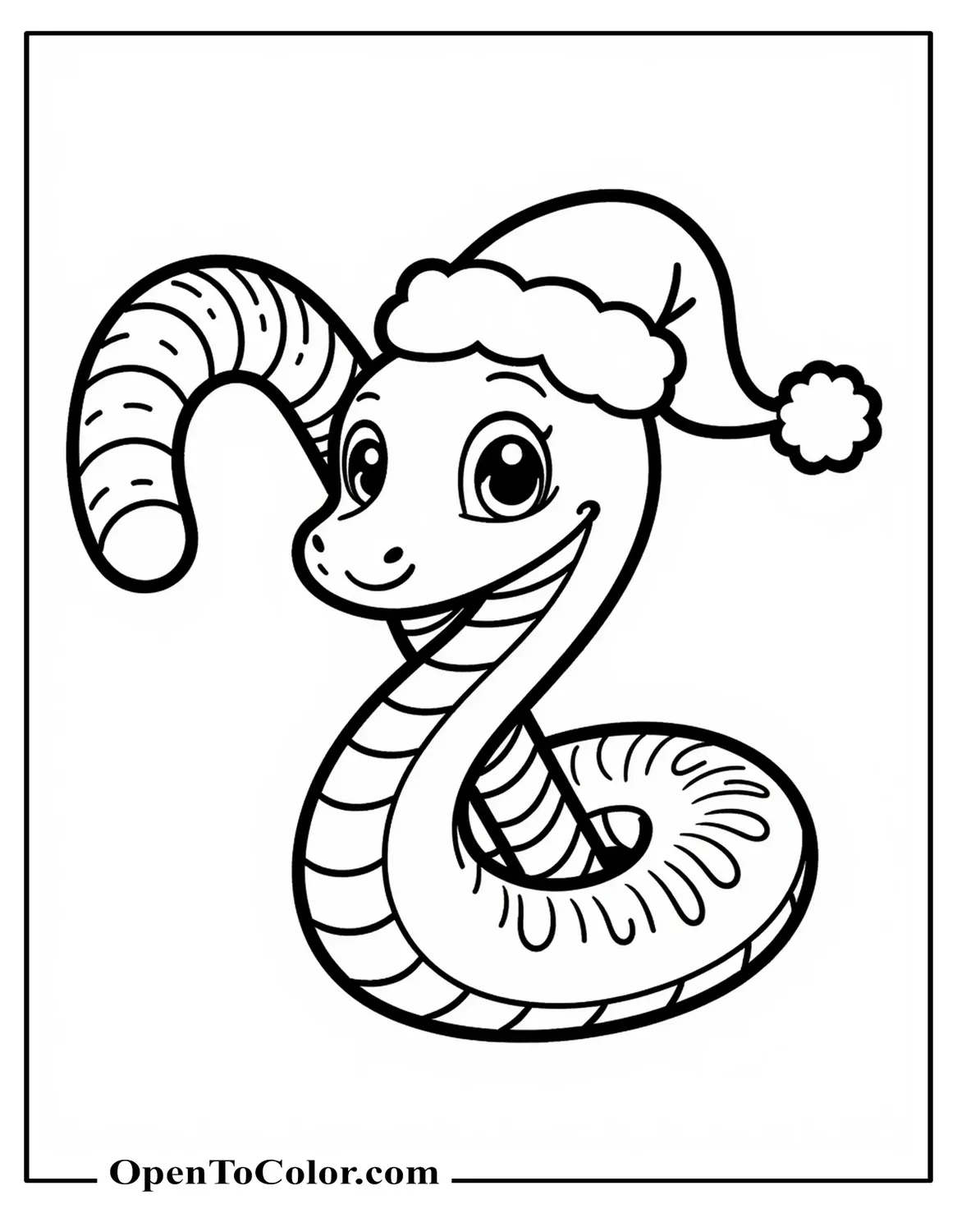 Printable Coloring Page of a Snake Wearing a Santa Hat Curling Around a Candy Cane