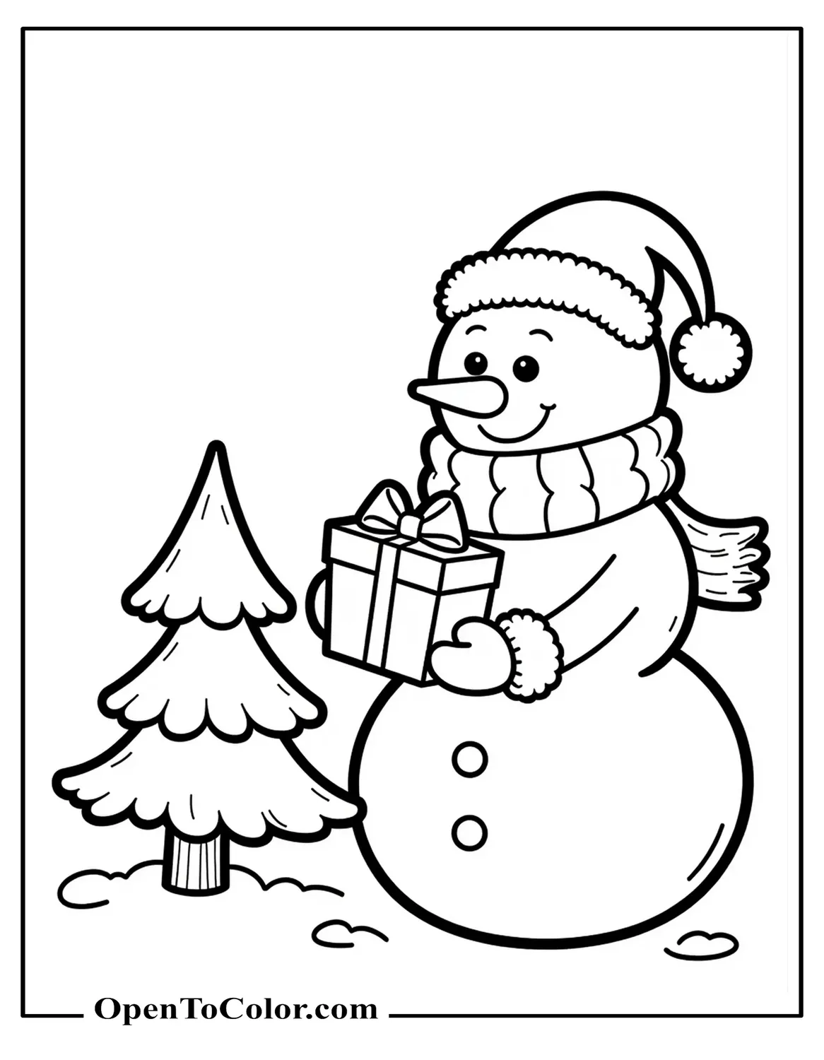 Snowman wearing Santa hat and holding a tiny wrapped present beside a short fir tree coloring page PDF.