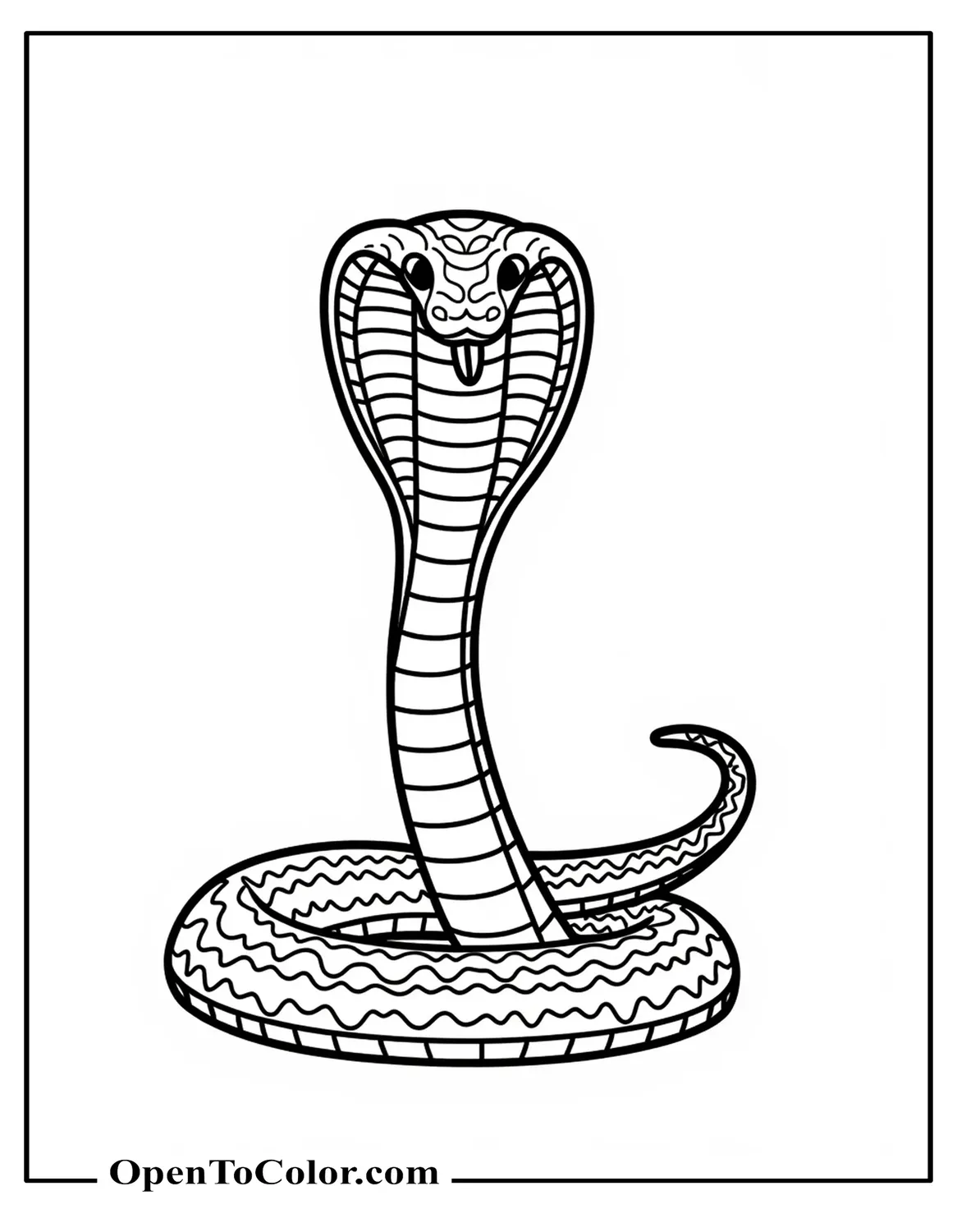 Cobra front view coloring sheet with hood spread and tail tucked behind, printable.