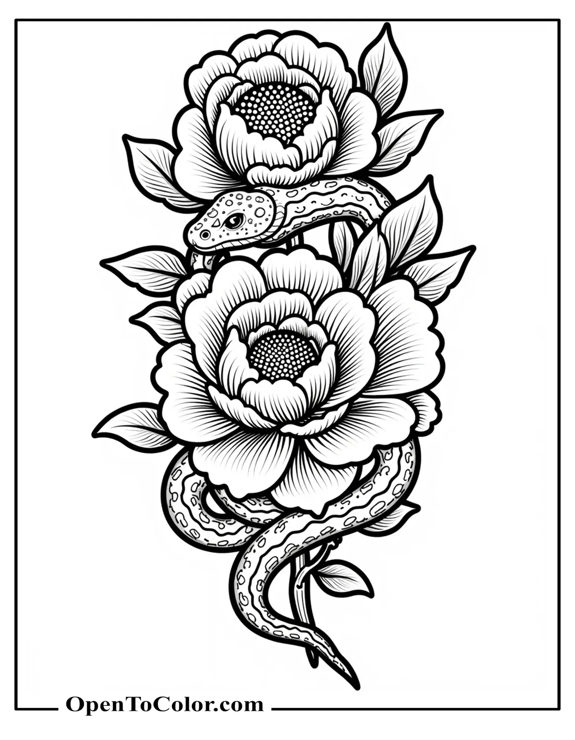 Free Coloring Page of Ornate Tattoo-Style Snake Wrapped Around Peony Flowers with Swirls