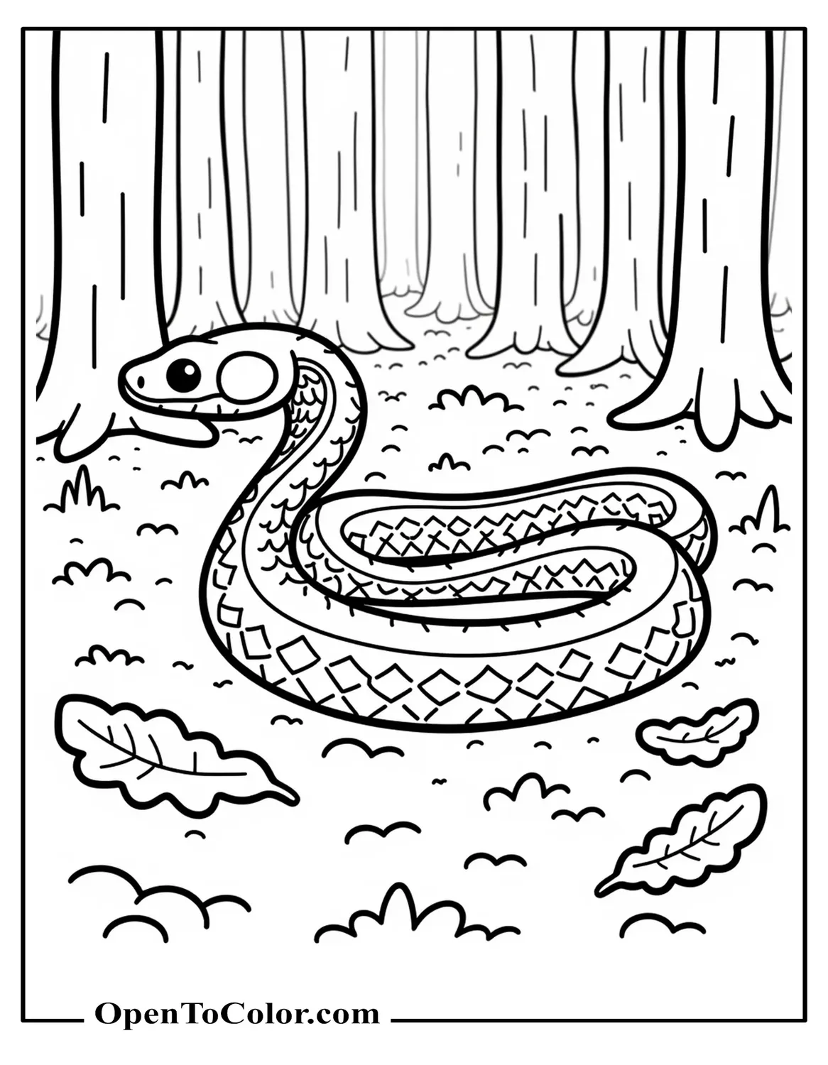 Free Coloring Page of Copperhead on a Forest Floor with Hourglass-Shaped Back Pattern and Scattered Leaves