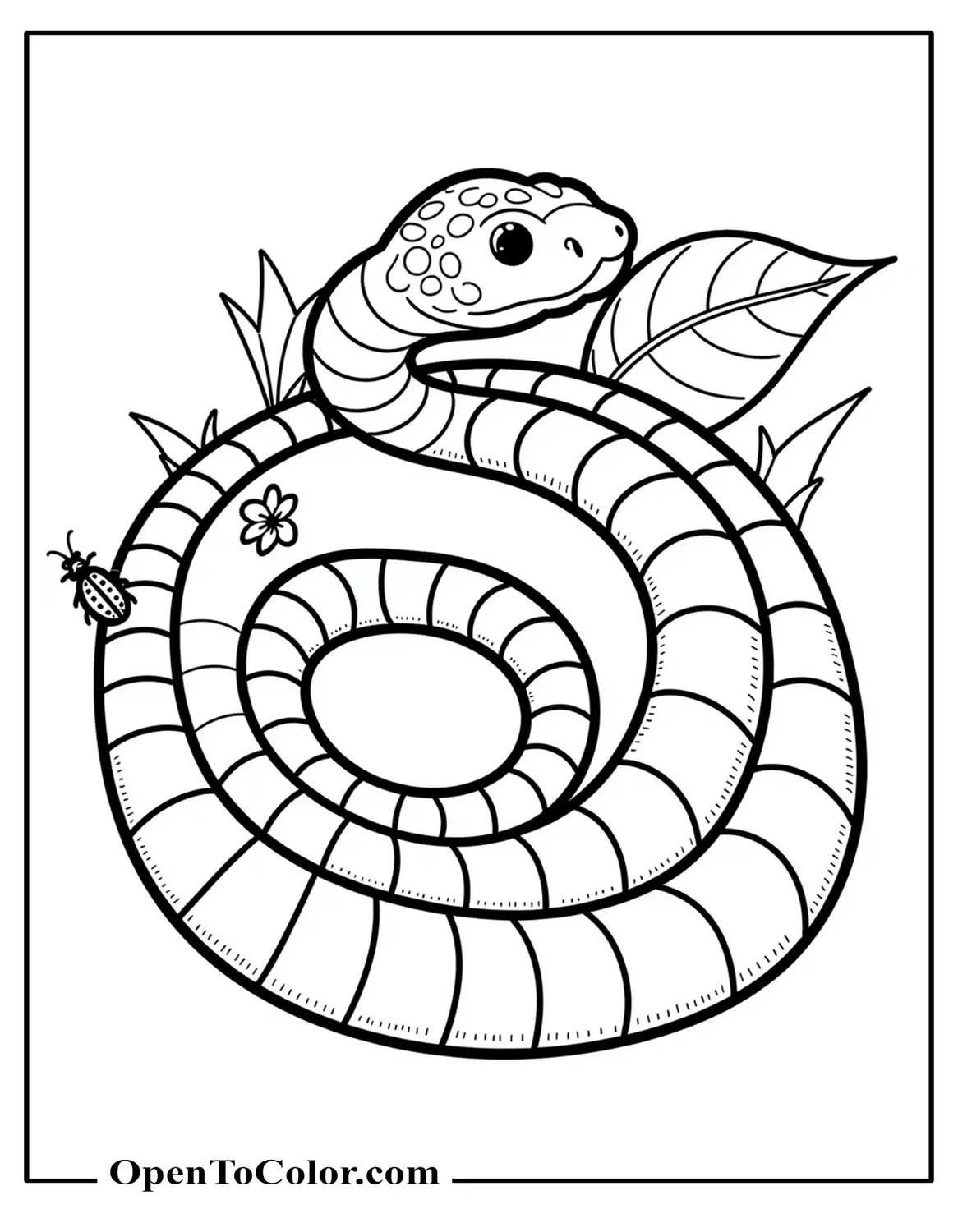 Ring-banded snake coloring page loosely coiled under a leaf with a small beetle nearby, printable.