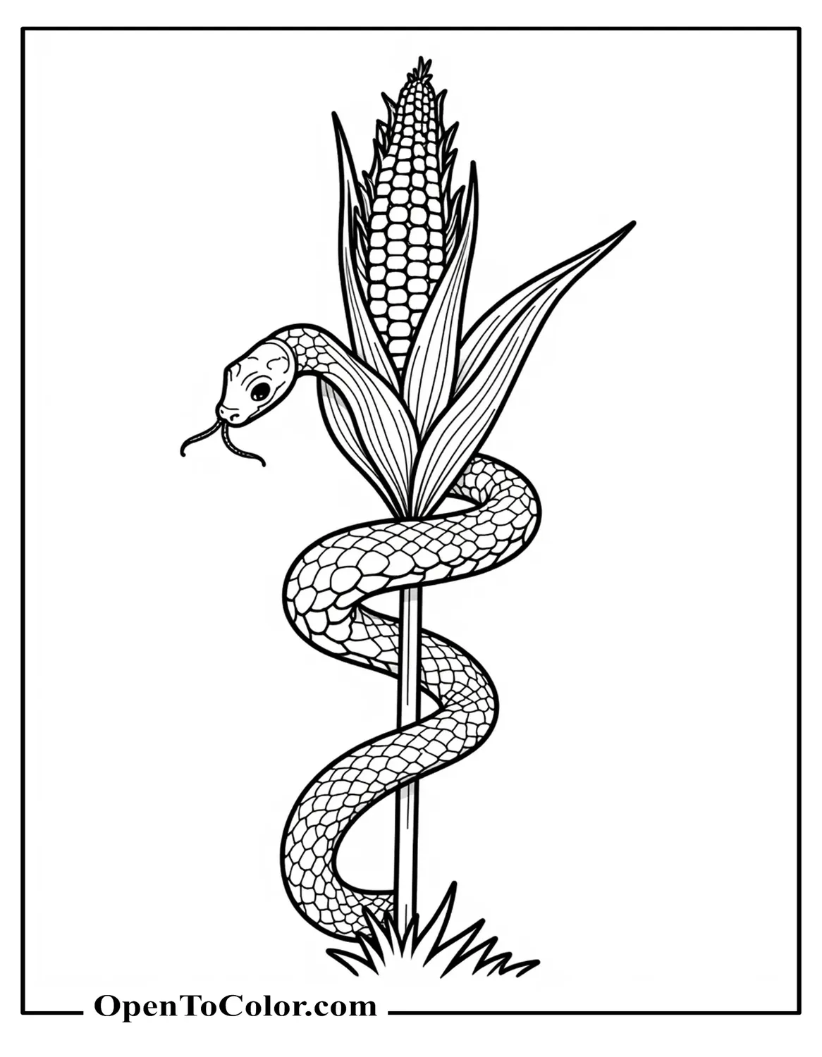 Printable Coloring Sheet of a Corn Snake Winding Up a Corn Stalk with Husks