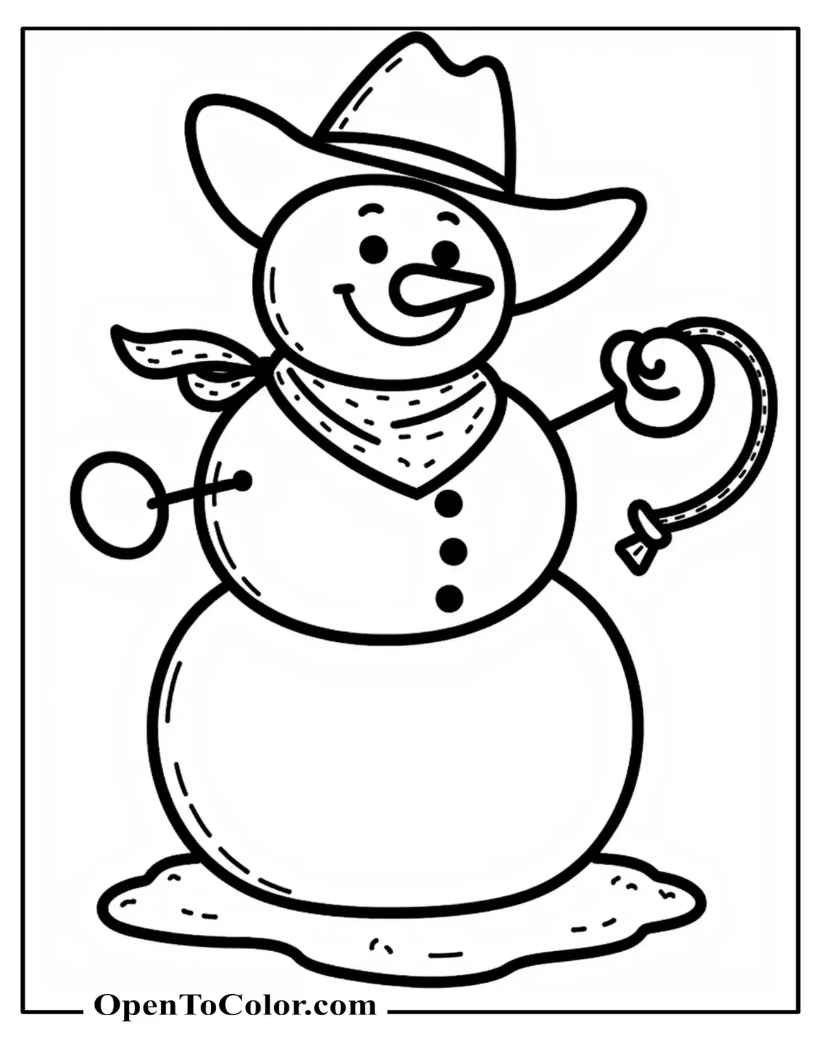 Cowboy Snowman Coloring Sheet PDF With A Cowboy Hat Bandana And Lasso Looped At His Side