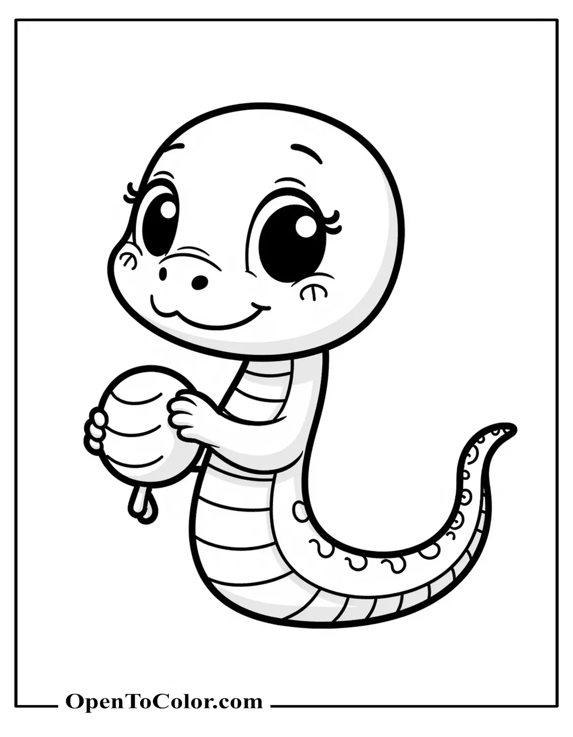 Printable Coloring Page of Cute Baby Snake Disney Chibi Style with Round Cheeks Holding a Rattle