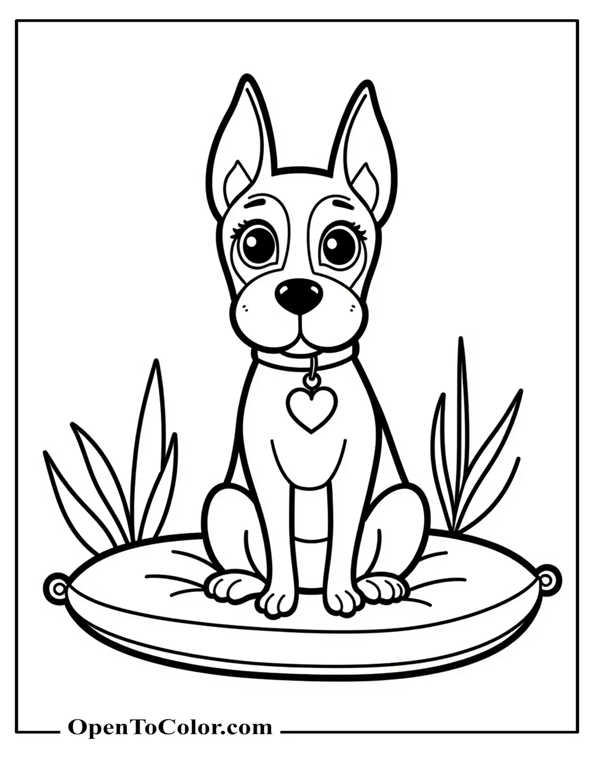 Printable coloring page of a cute Doberman with big round eyes wearing a heart tag collar sitting on a cushion beside a small plant.