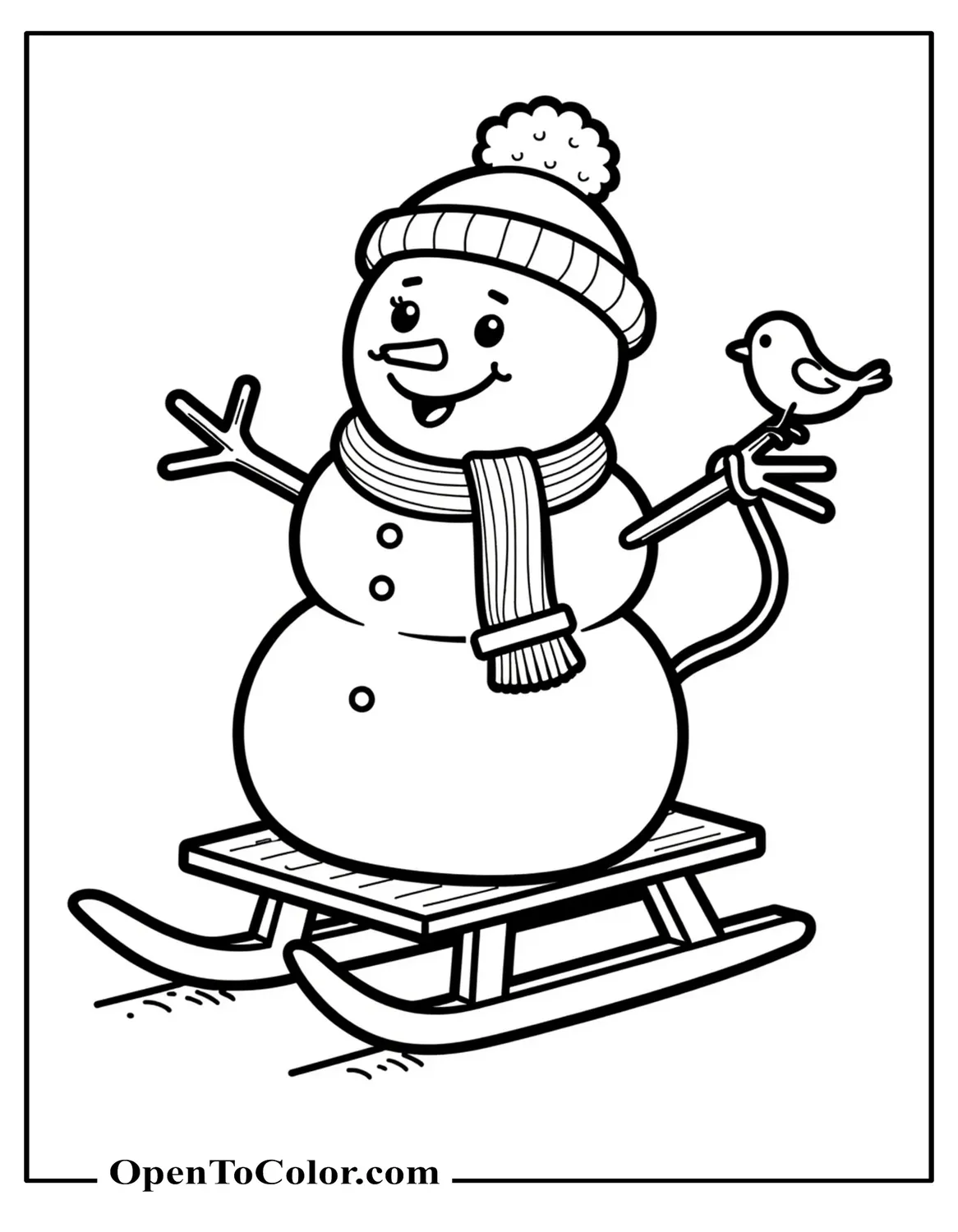 Printable Coloring Sheet of a Snowman Sitting on a Sled Smiling Big with a Small Bird on One Hand