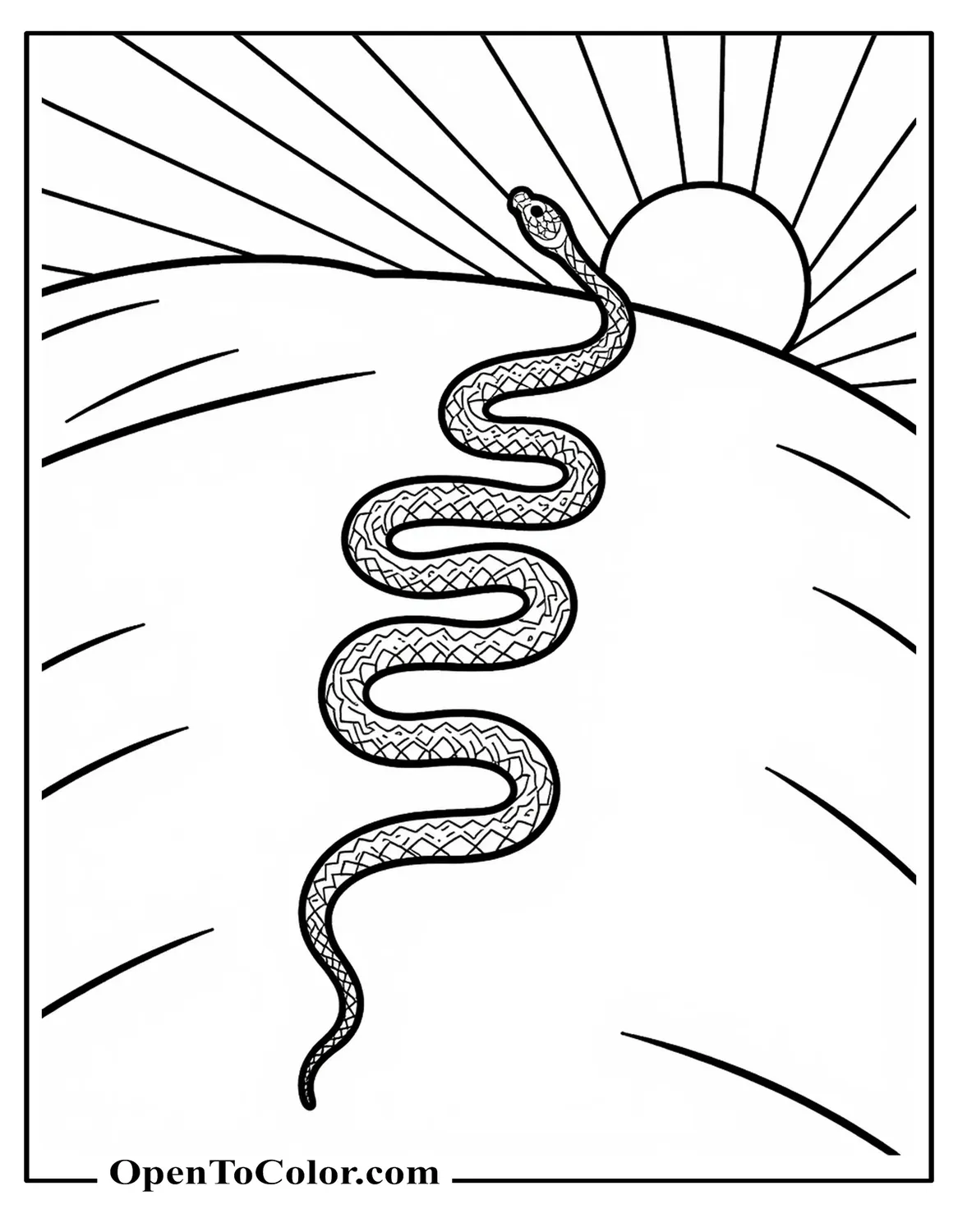 Free coloring page of a desert snake leaving a sidewinding trail across a dune with sun rays