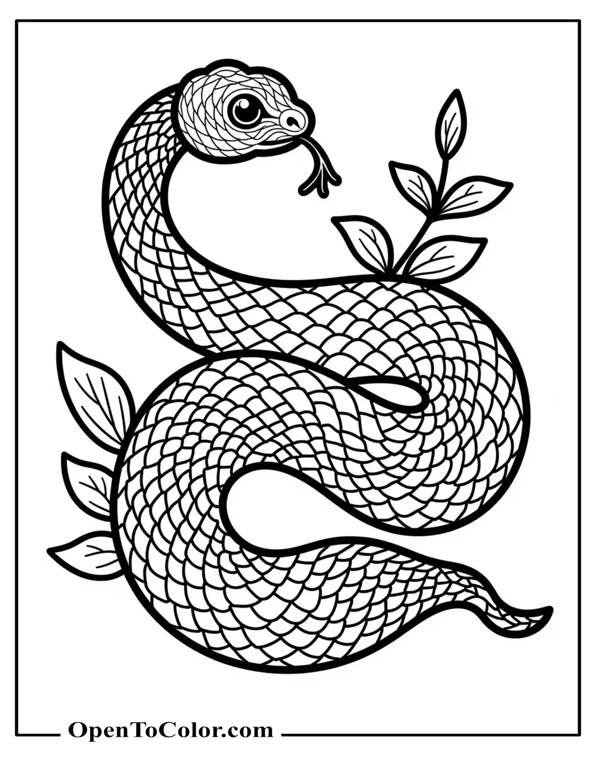 Printable coloring sheet of a snake body filled with Zentangle scale patterns and tiny leaves.