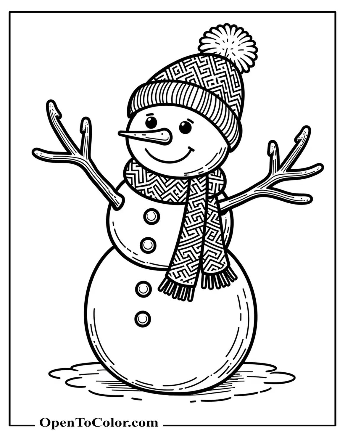 Highly Detailed Snowman Coloring Sheet With Intricate Lace Scarf, Ornate Buttons, And Frosted Branches PDF