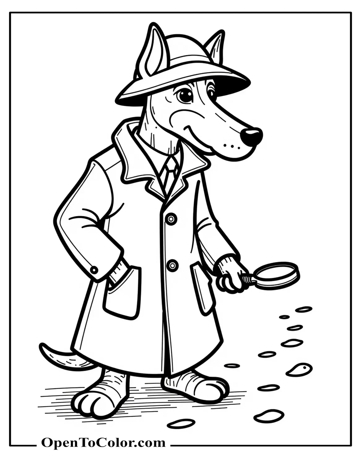 Doberman Detective Coloring Sheet PDF In A Trench Coat With Fedora Magnifying Glass And A Footprint Trail