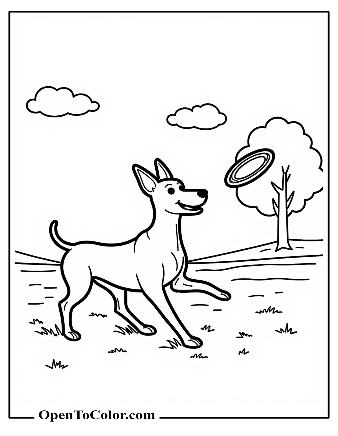 Printable coloring sheet of a Doberman running after a frisbee with two clouds and a single tree in the background.