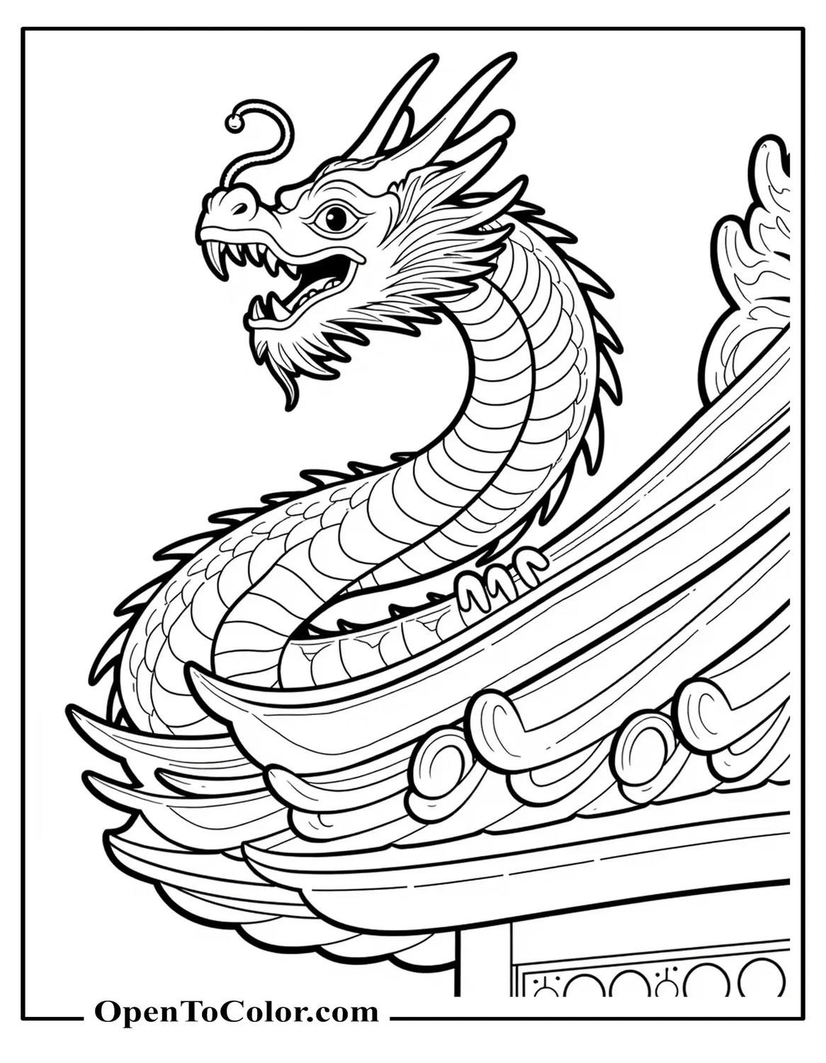 Free Coloring Page of a Dragon-Headed Serpent Curling Around a Pagoda Roof Corner
