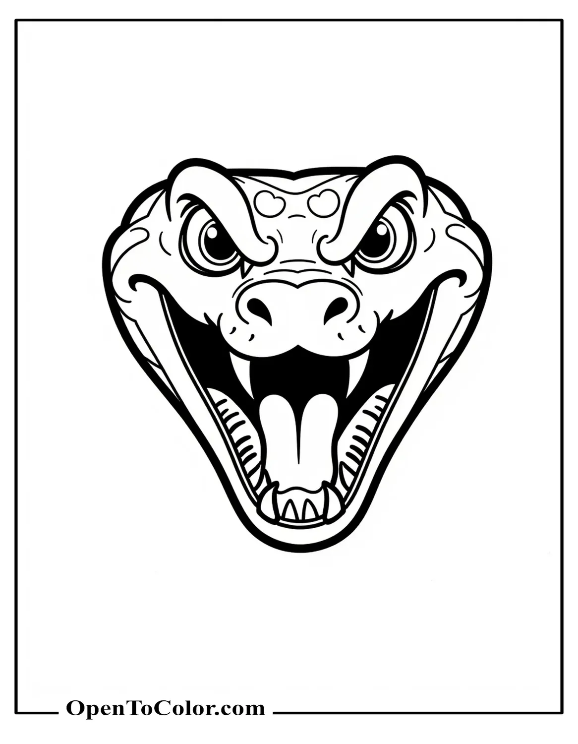 Printable Coloring Page of a Simple Scary Snake Face With Two Big Fangs And a Wide Mouth Easy Lines