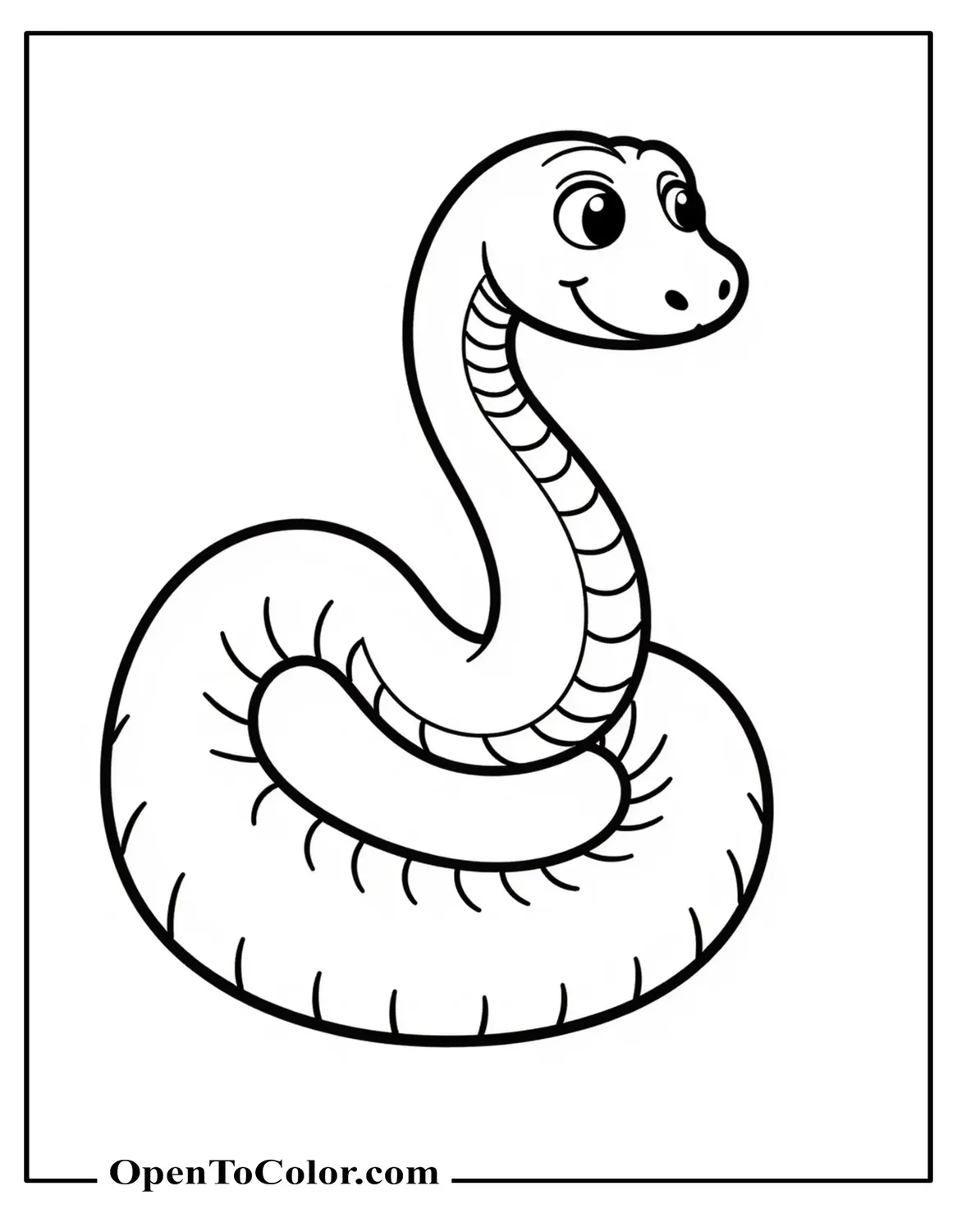 Simple smiling snake in a loose S curve on a blank background coloring sheet PDF