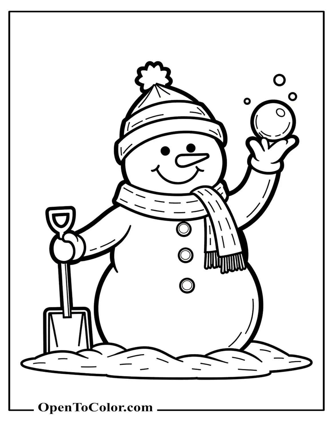 Free Coloring Page Of A Snowman Tossing A Snowball In One Hand With A Small Shovel In The Other