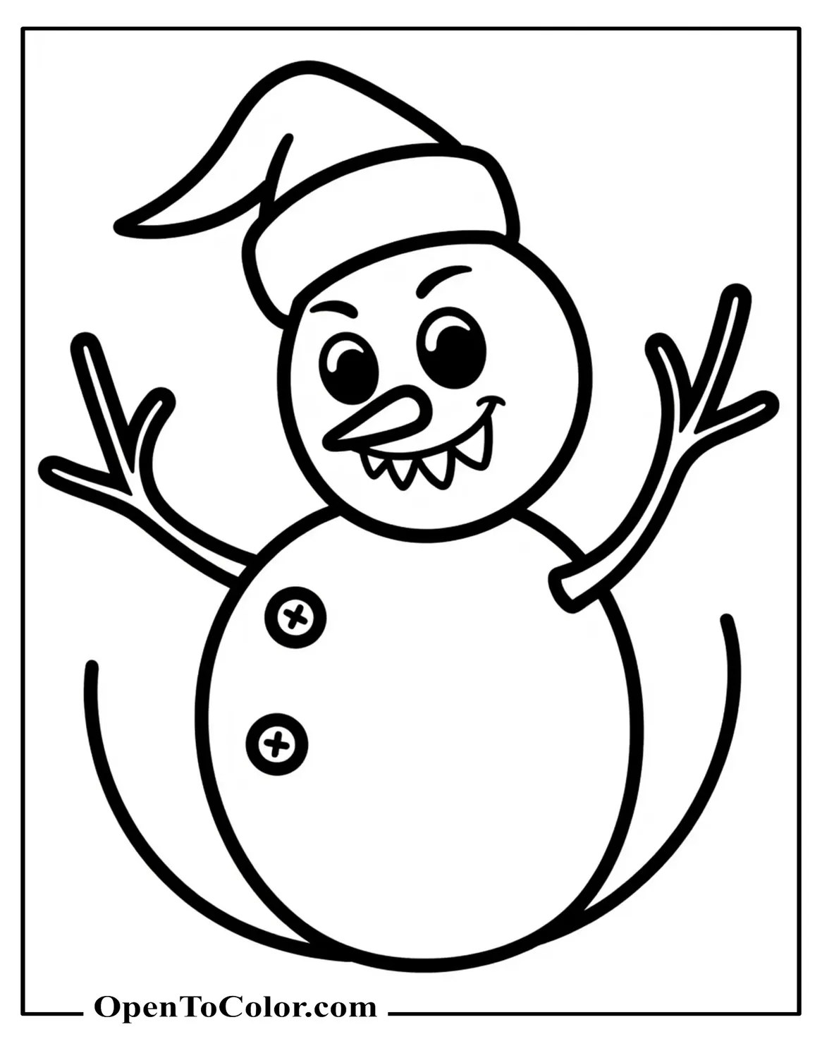 Spooky Cartoon Snowman With Pointed Teeth, Scribbled Eyebrows, And Cracked Button Eyes Coloring Page PDF