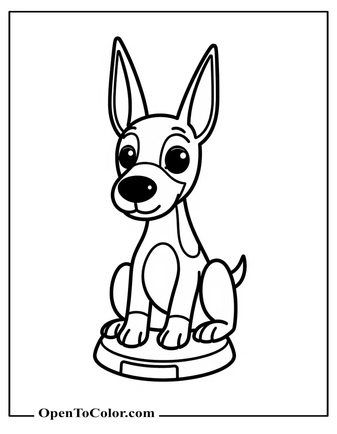 Funko Pop Style Doberman Figure Coloring Page PDF Standing On A Small Display Base With A Nameplate