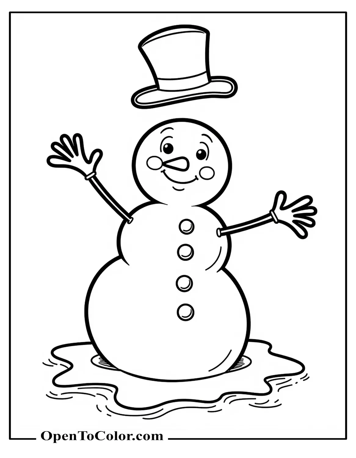 Free Coloring Page of a Snowman Slipping on Ice with Arms Flailing and Hat Flying Upward in a Funny Expression