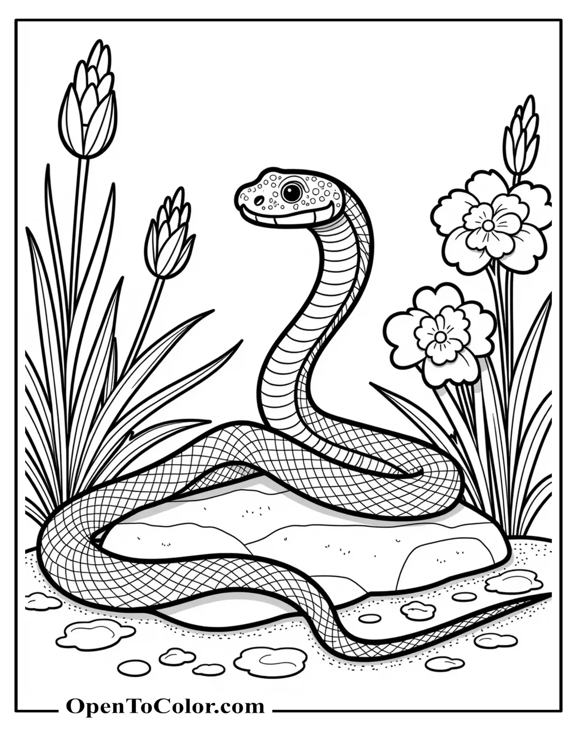 Free coloring sheet of a garter snake weaving through garden flowers near a stone.