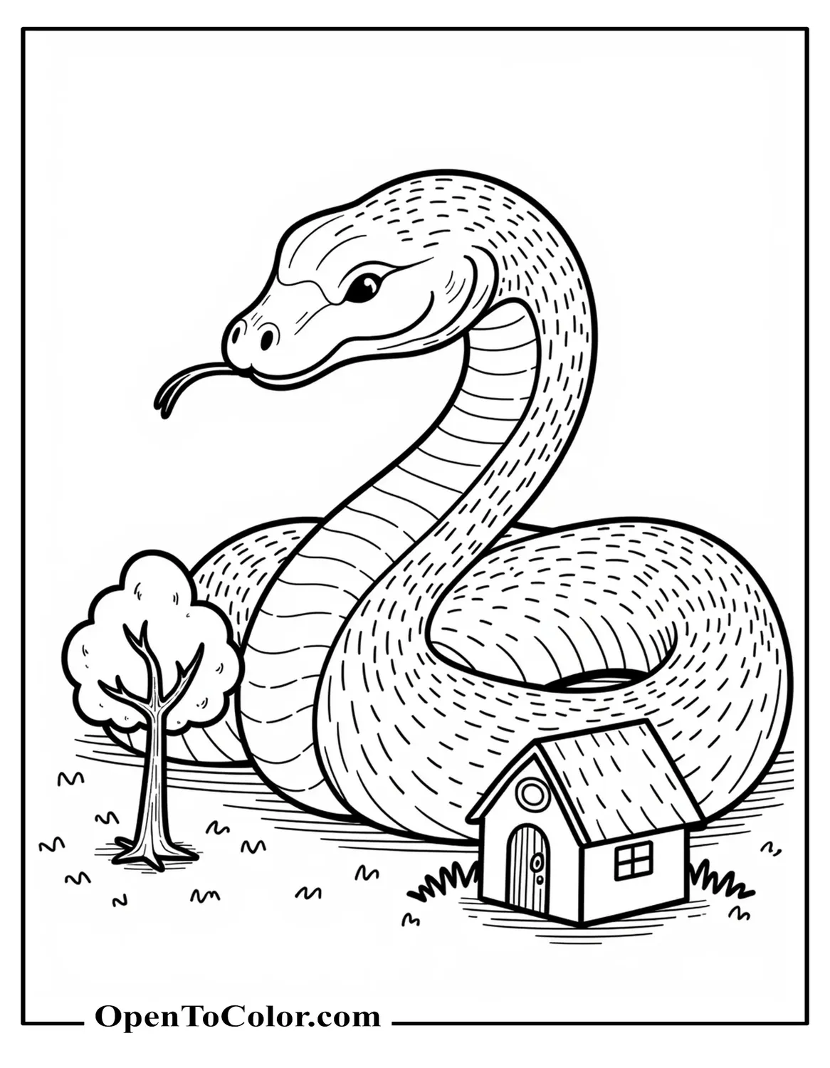 Giant Snake Looping Around A Small Tree And A Tiny House For Scale Coloring Page PDF