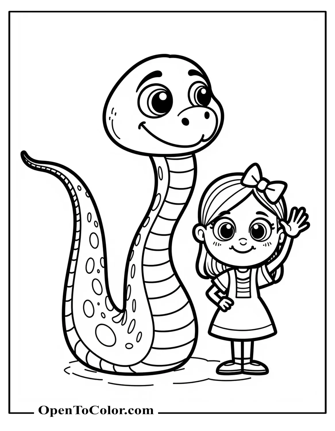 Free Coloring Sheet of a Friendly Snake Wearing a Hair Bow Beside a Smiling Girl Waving Two Characters