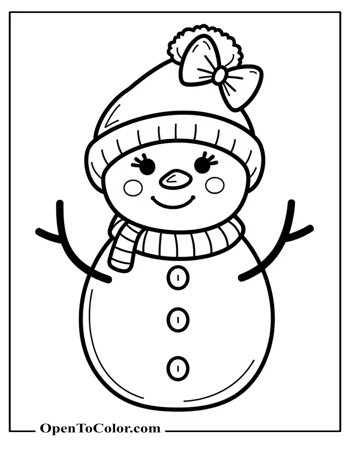 Printable Coloring Page of Girl Snowman with Bow on the Hat, Eyelashes, and Heart Button