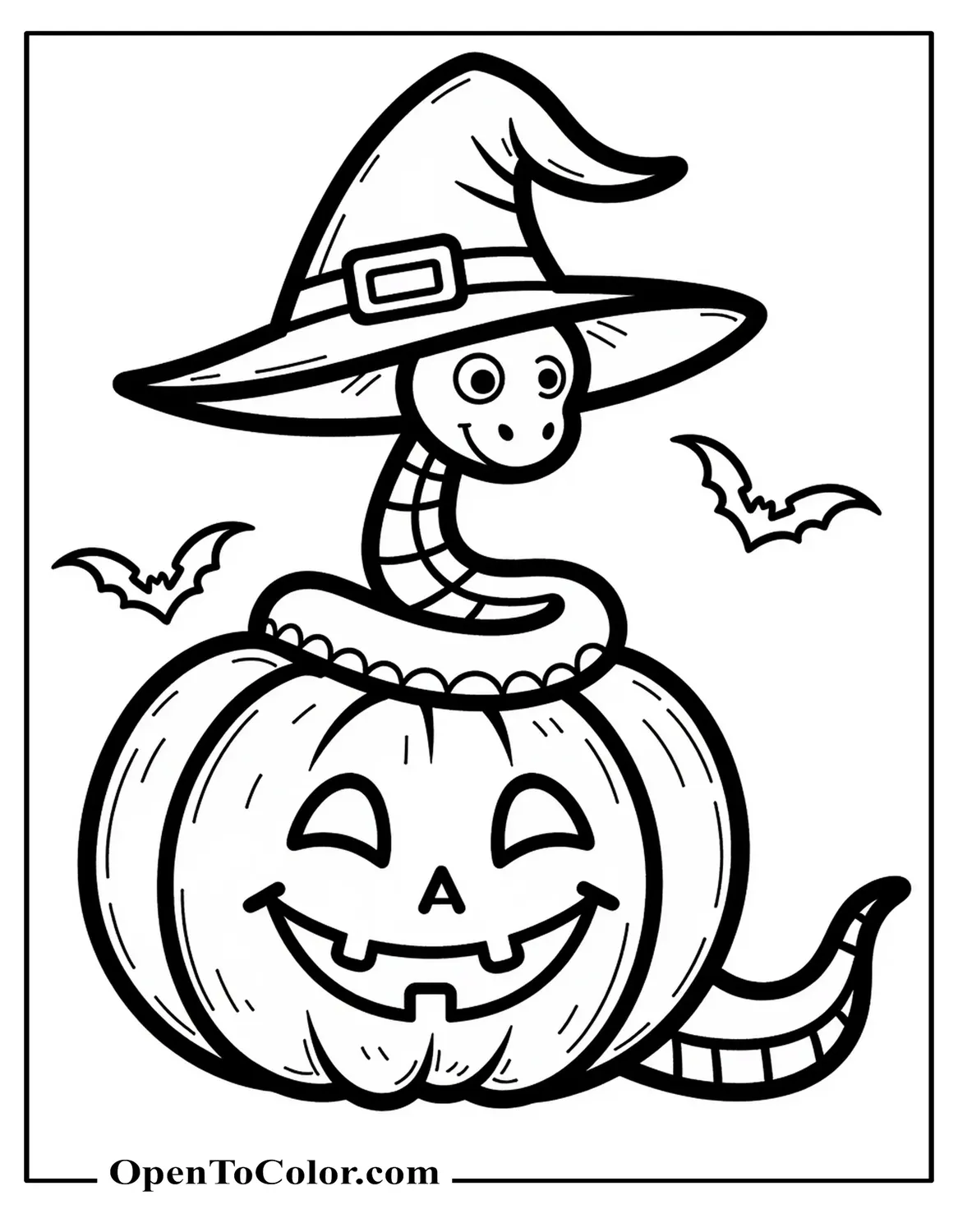 Free Coloring Page of a Snake in a Witch Hat Beside a Pumpkin and Tiny Bat Shapes