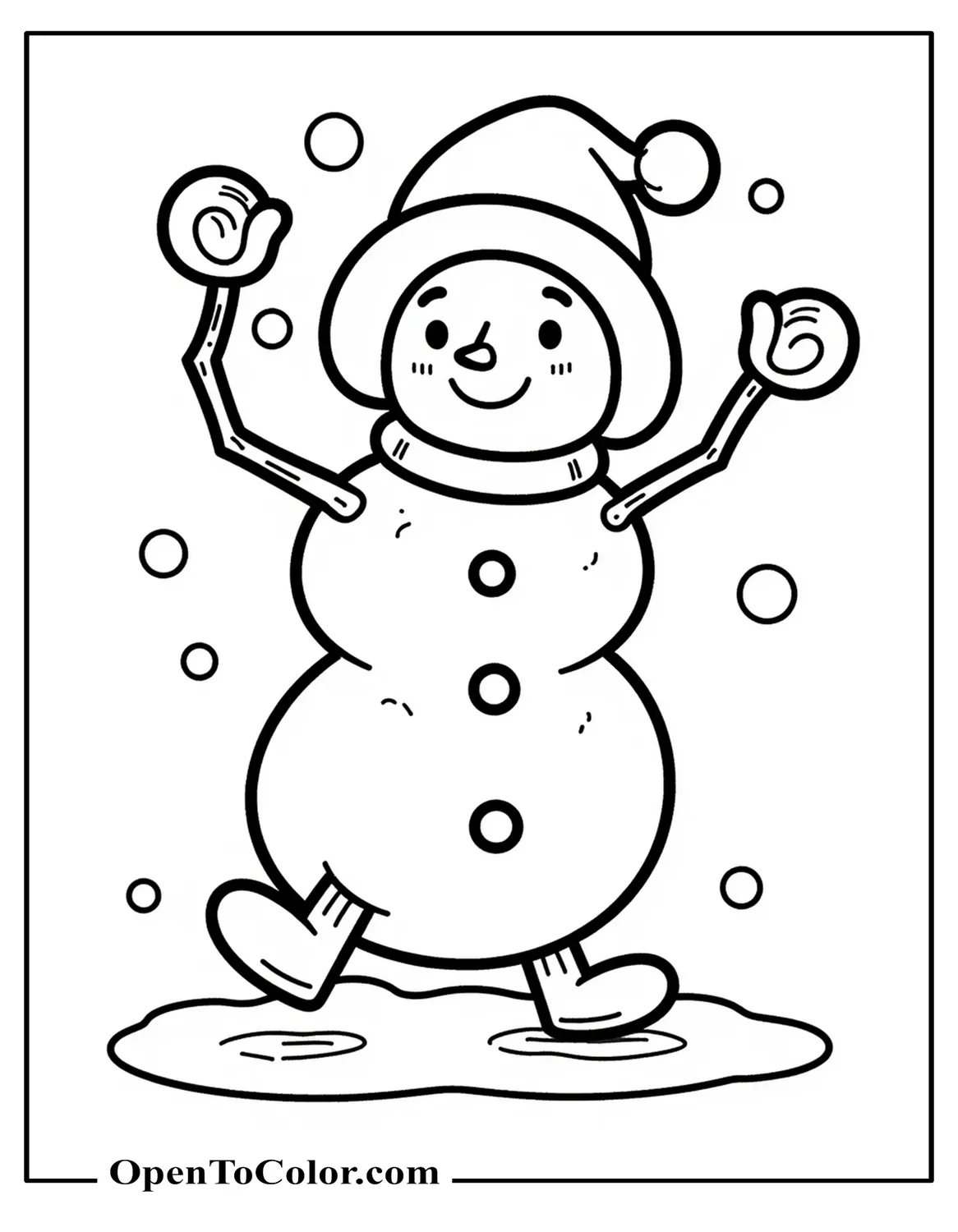 Printable Coloring Sheet of a Happy Snowman Dancing with Raised Twig Arms
