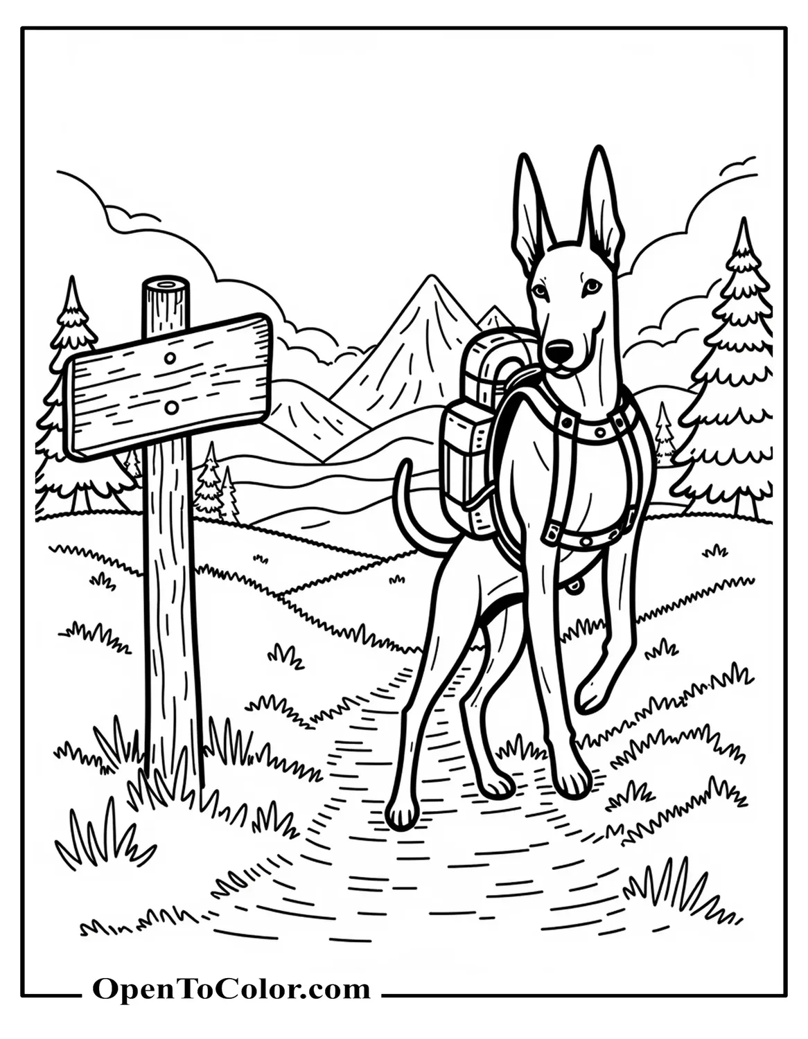 Printable Coloring Page of Doberman with a Backpack Hiking up a Trail, Wooden Signpost, and Distant Mountain