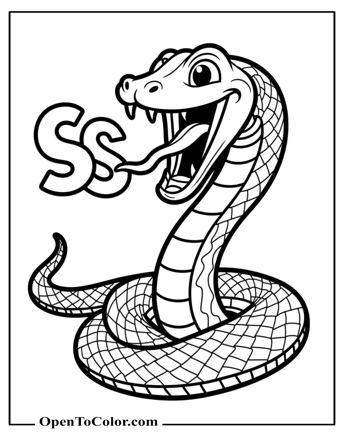 Coloring page PDF of hissing snake with open mouth and the letters Sss floating near the tongue.