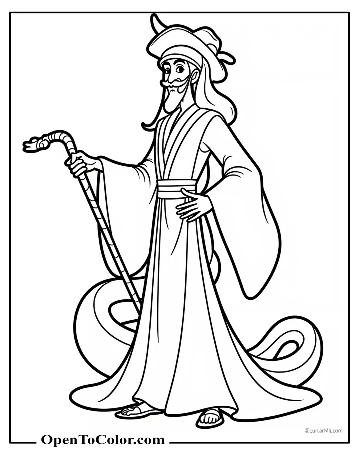 Villain Sorcerer Snake With Curved Staff And Tall Feathered Hat Jafar Inspired Coloring Page PDF
