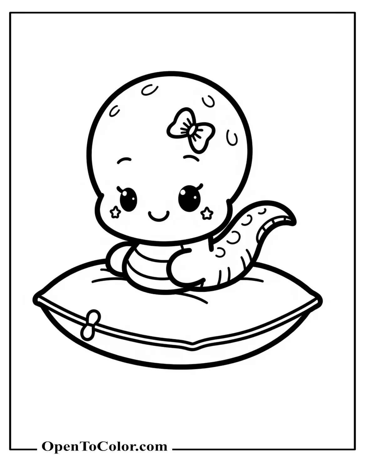 Kawaii Snake Coloring Page Sanrio Style With Tiny Bow And Star Cheeks Sitting On A Cushion PDF
