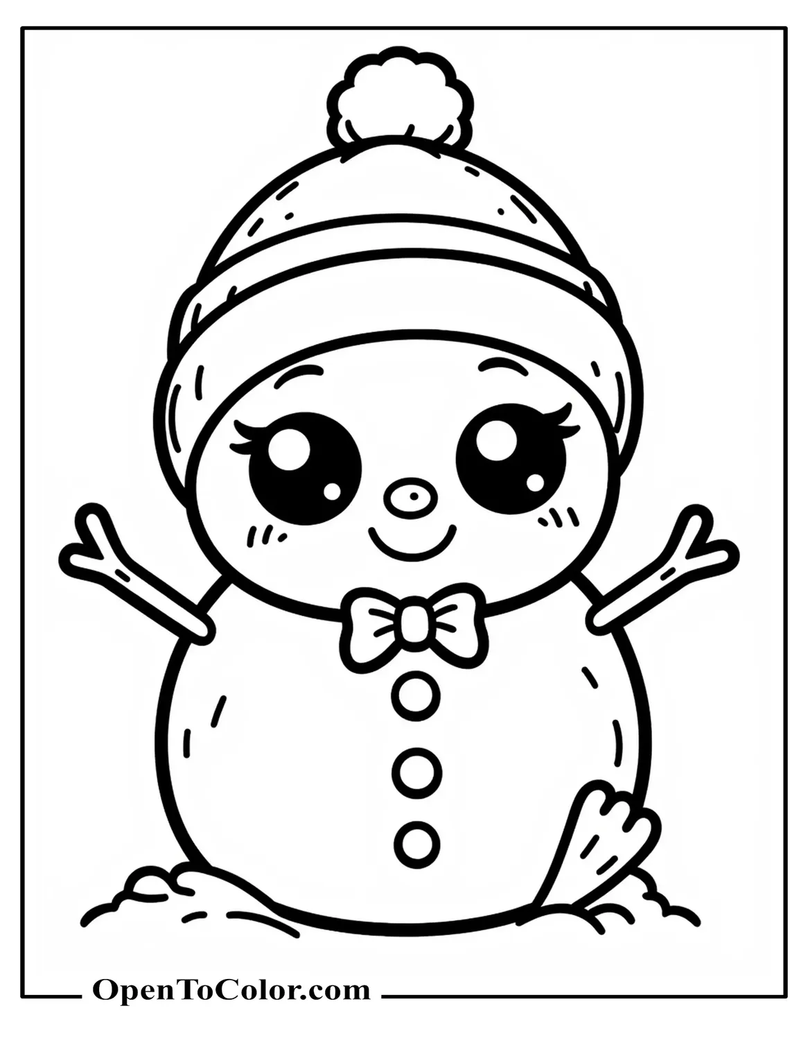 Kawaii Snowman Coloring Page PDF with Tiny Arms, Big Sparkle Eyes, and a Small Bow Funko Pop Style