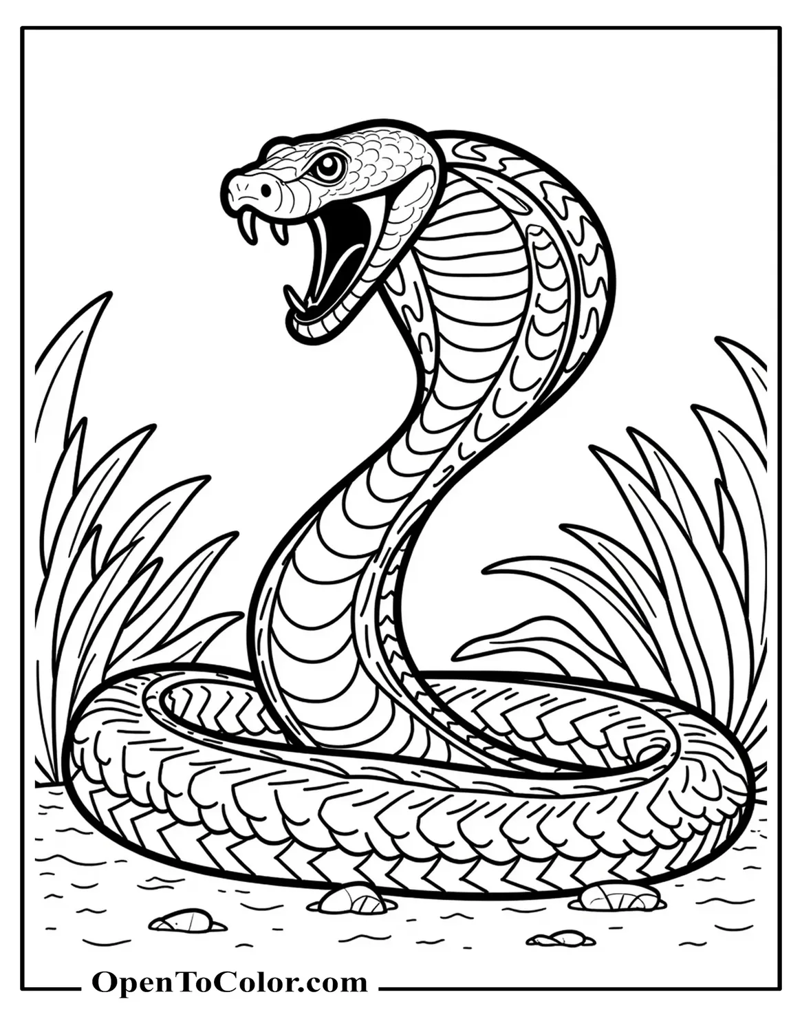 Free Coloring Page of a Realistic King Cobra Raised With Hood Open in a Jungle Clearing