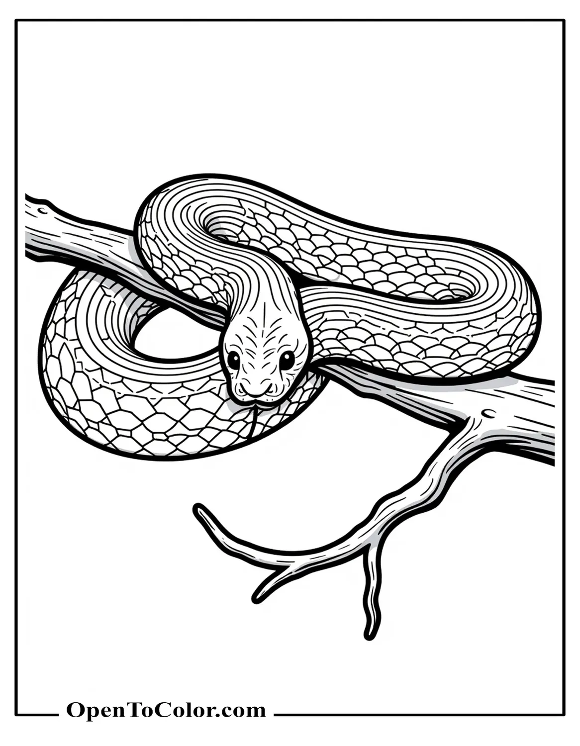 Kingsnake with bold ring bands looping over a low branch coloring sheet PDF