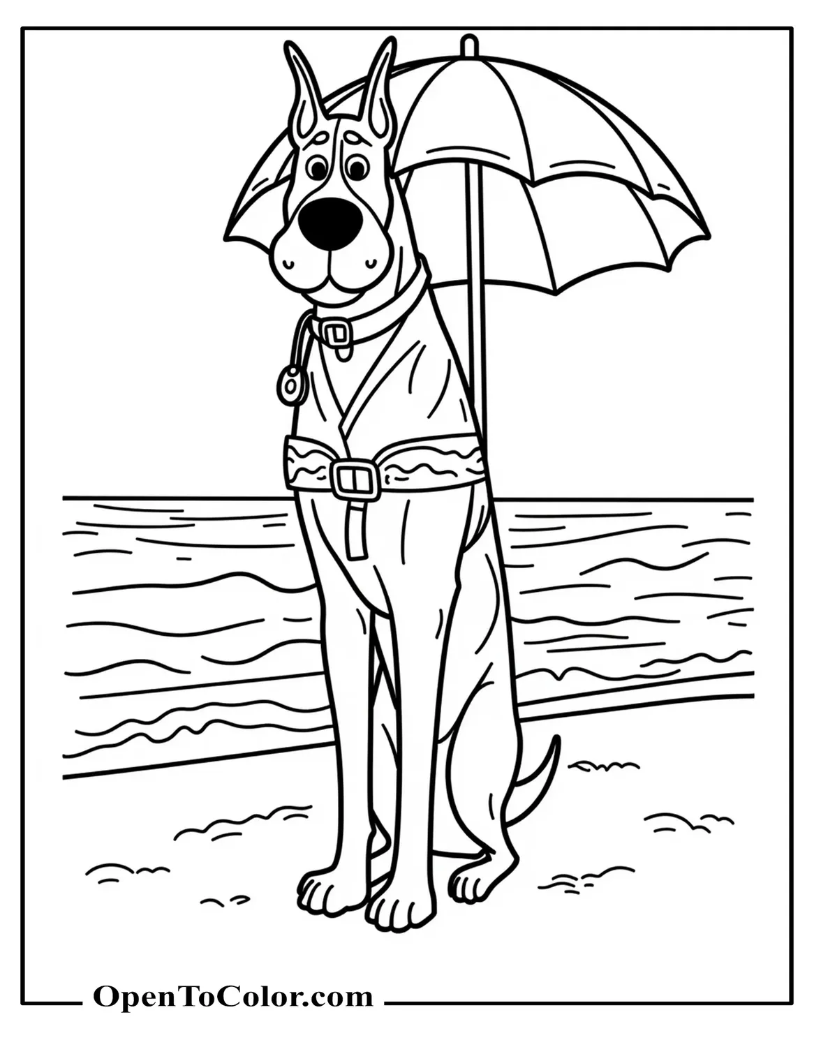 Printable Coloring Page of Doberman Lifeguard with Whistle and Buoy, Simple Wave Lines, and a Beach Umbrella