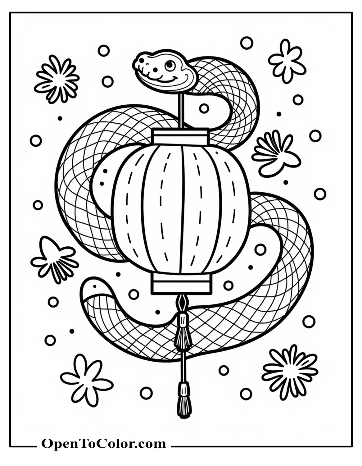 Printable Coloring Sheet of a Snake Circling a Lantern with Confetti and Firecracker Shapes for Lunar New Year
