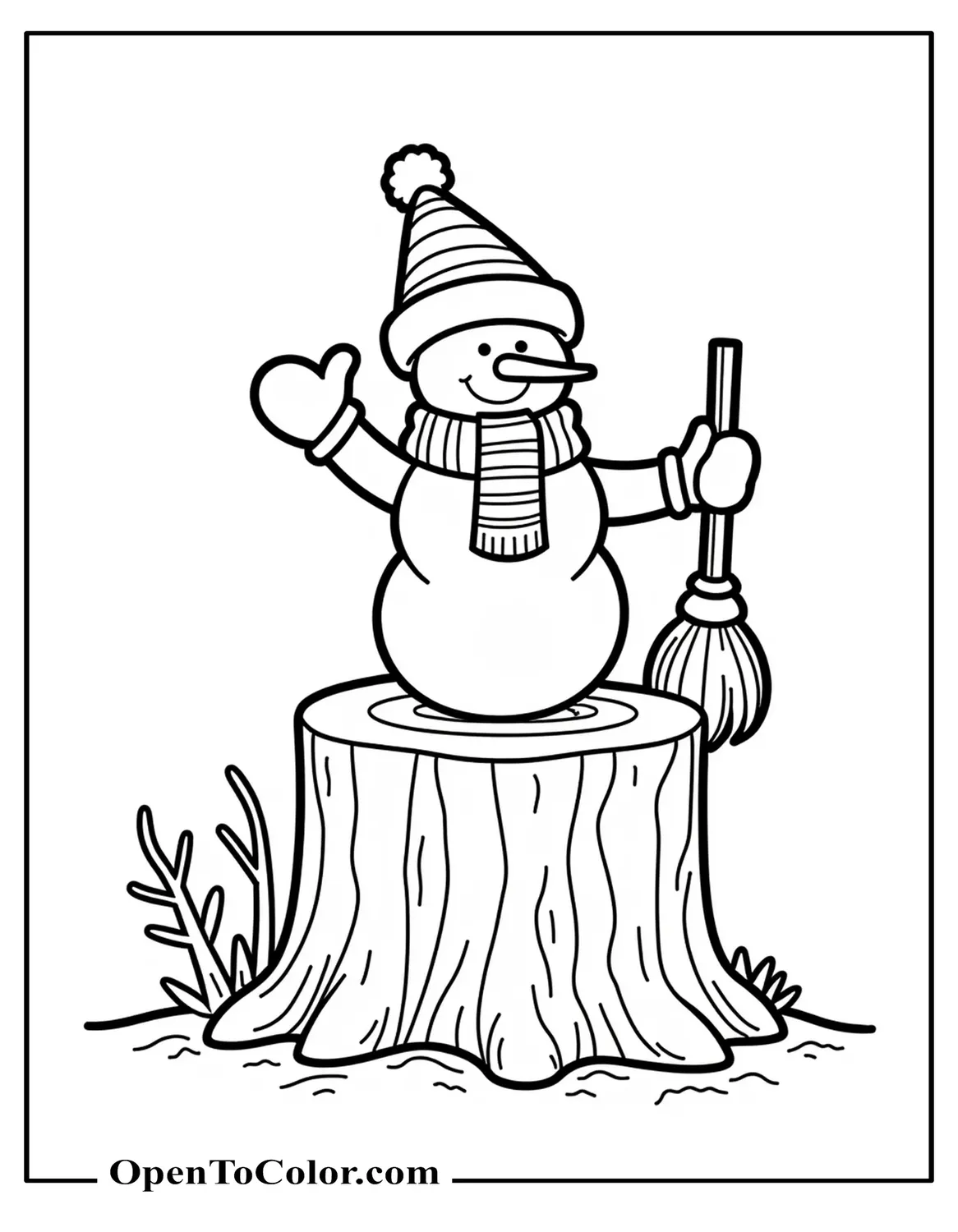 Free Coloring Page of Mini Snowman Standing on a Tree Stump Holding a Tiny Broom