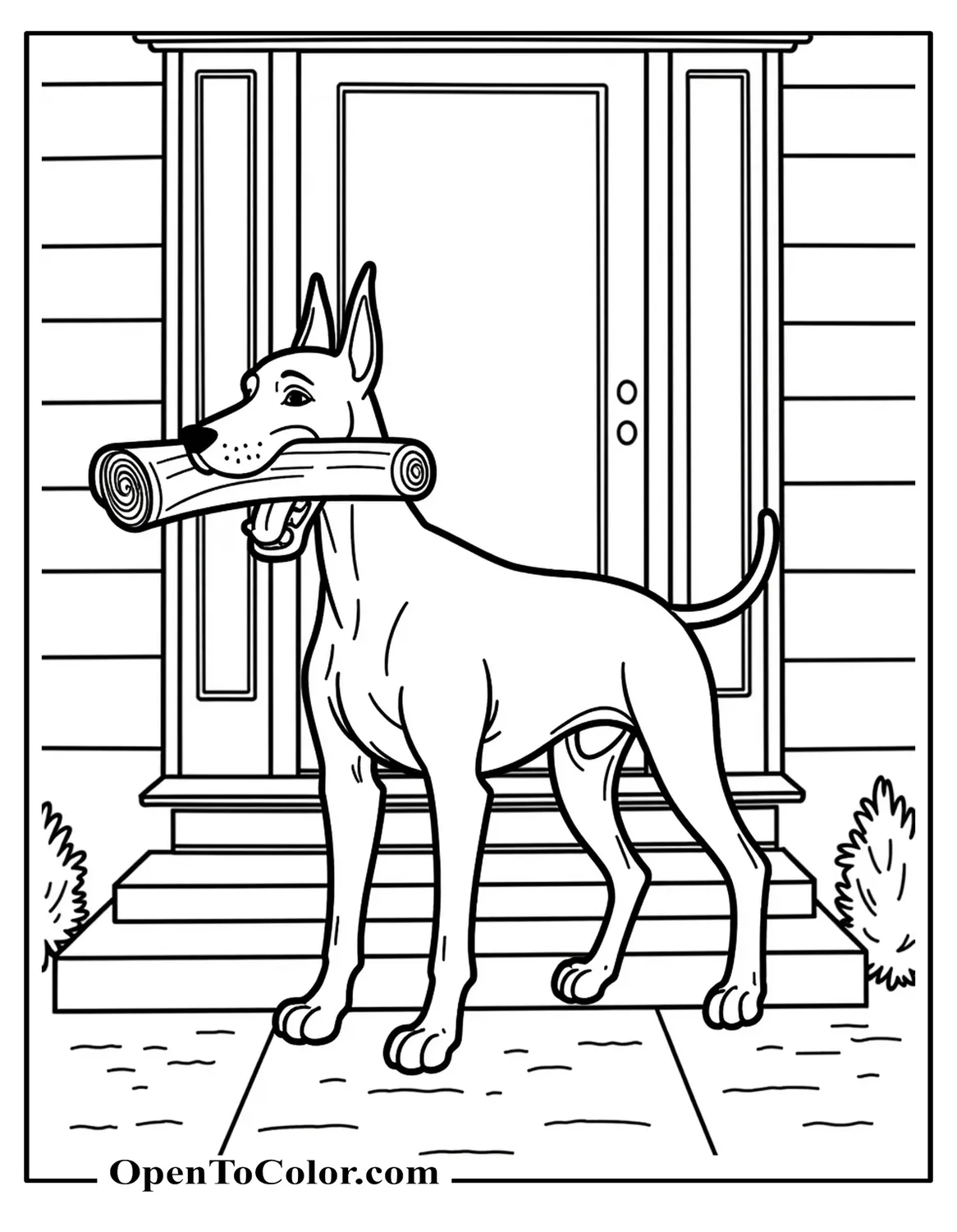 Coloring Page PDF of Doberman Carrying a Rolled Newspaper in Mouth Porch Steps and Door Outline