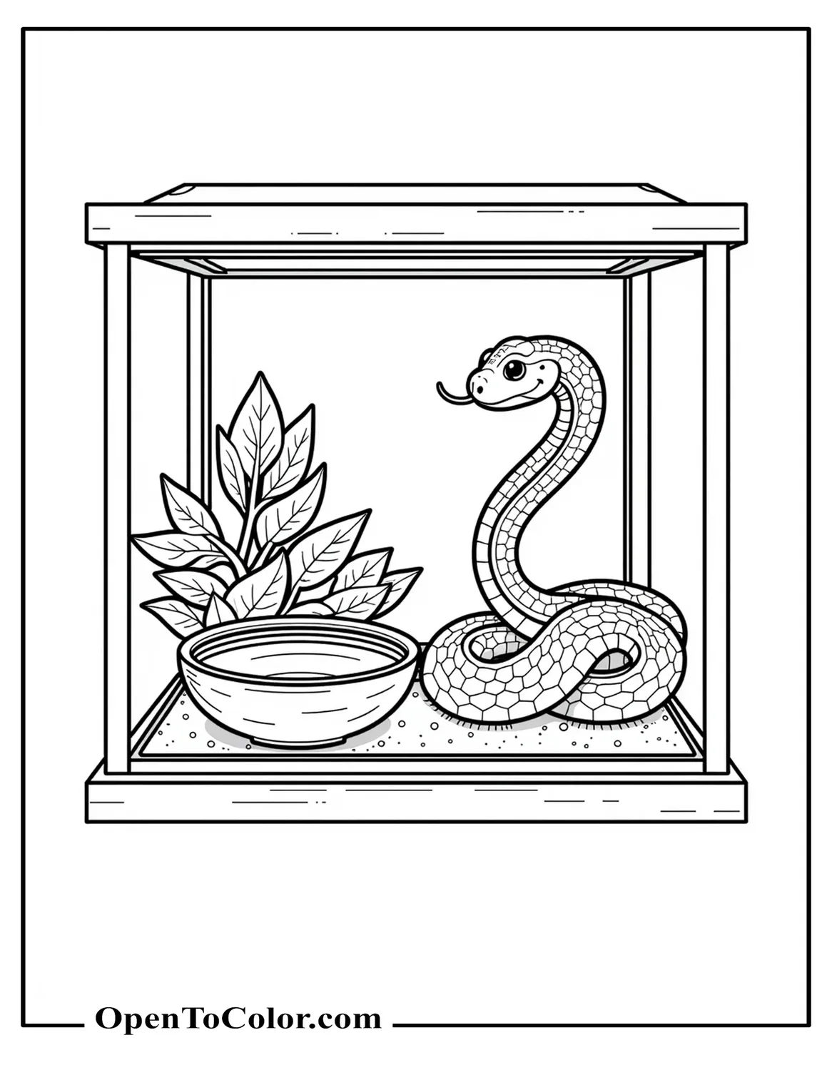 Pet snake in a simple terrarium with a hide, water bowl, and branch coloring page PDF.