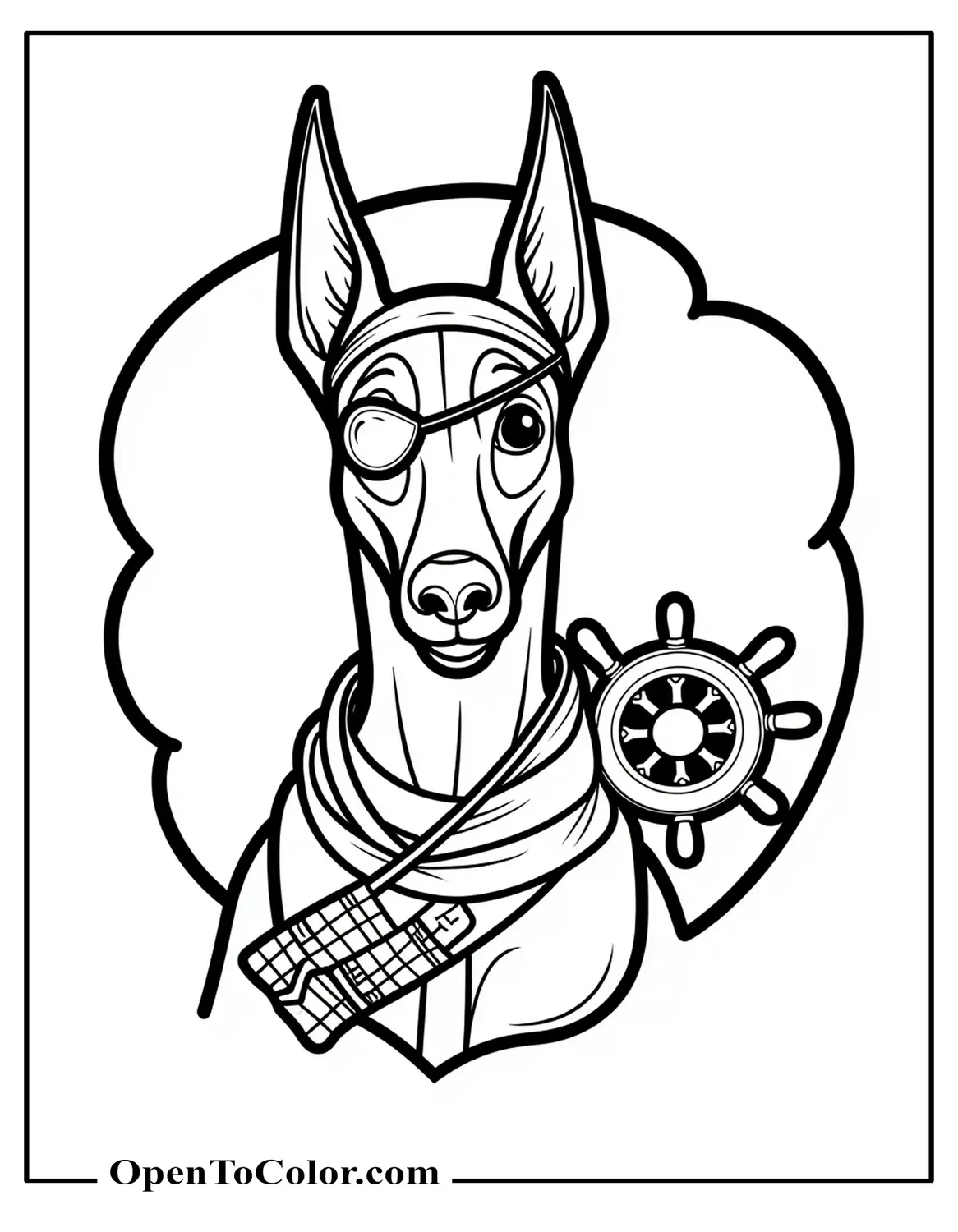 Doberman Pirate Coloring Sheet With Eye Patch and Small Treasure Map Ship Wheel Outline Behind PDF