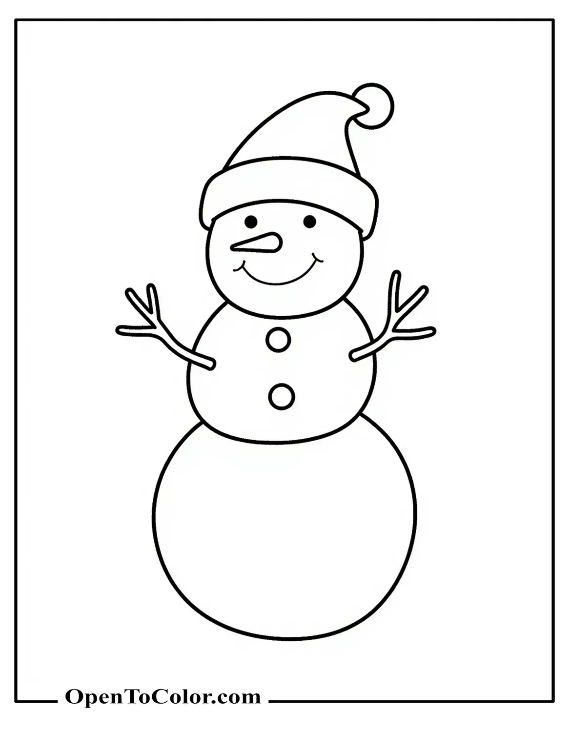 Plain undecorated snowman coloring page centered on empty background neutral pose PDF