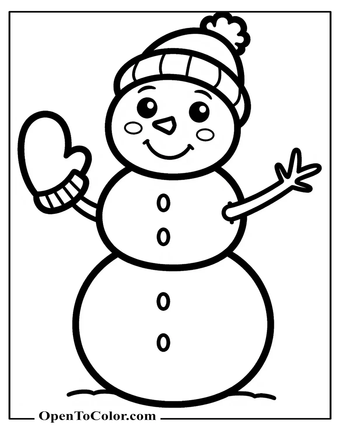 Free Preschool Snowman Coloring Sheet With Big Simple Shapes Large Buttons And Wide Smile Holding A Mitten