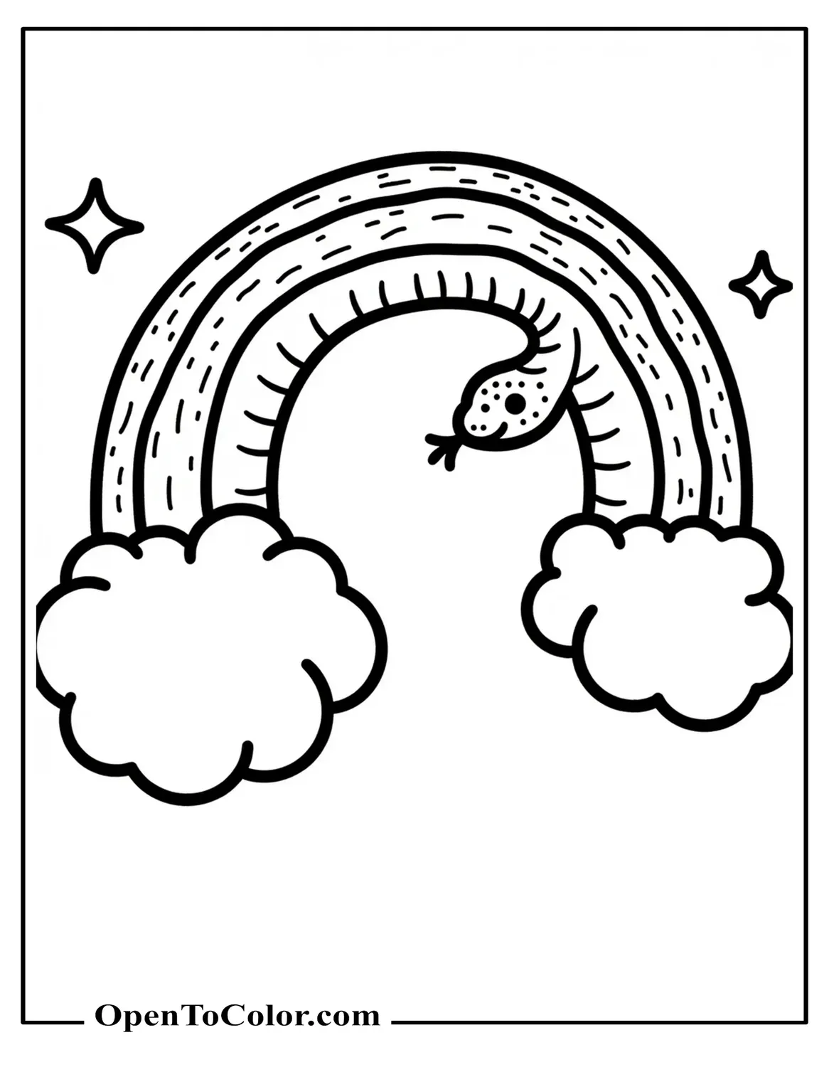 Free Coloring Sheet: Snake Arcing Like a Rainbow Over Two Clouds with Stars Around