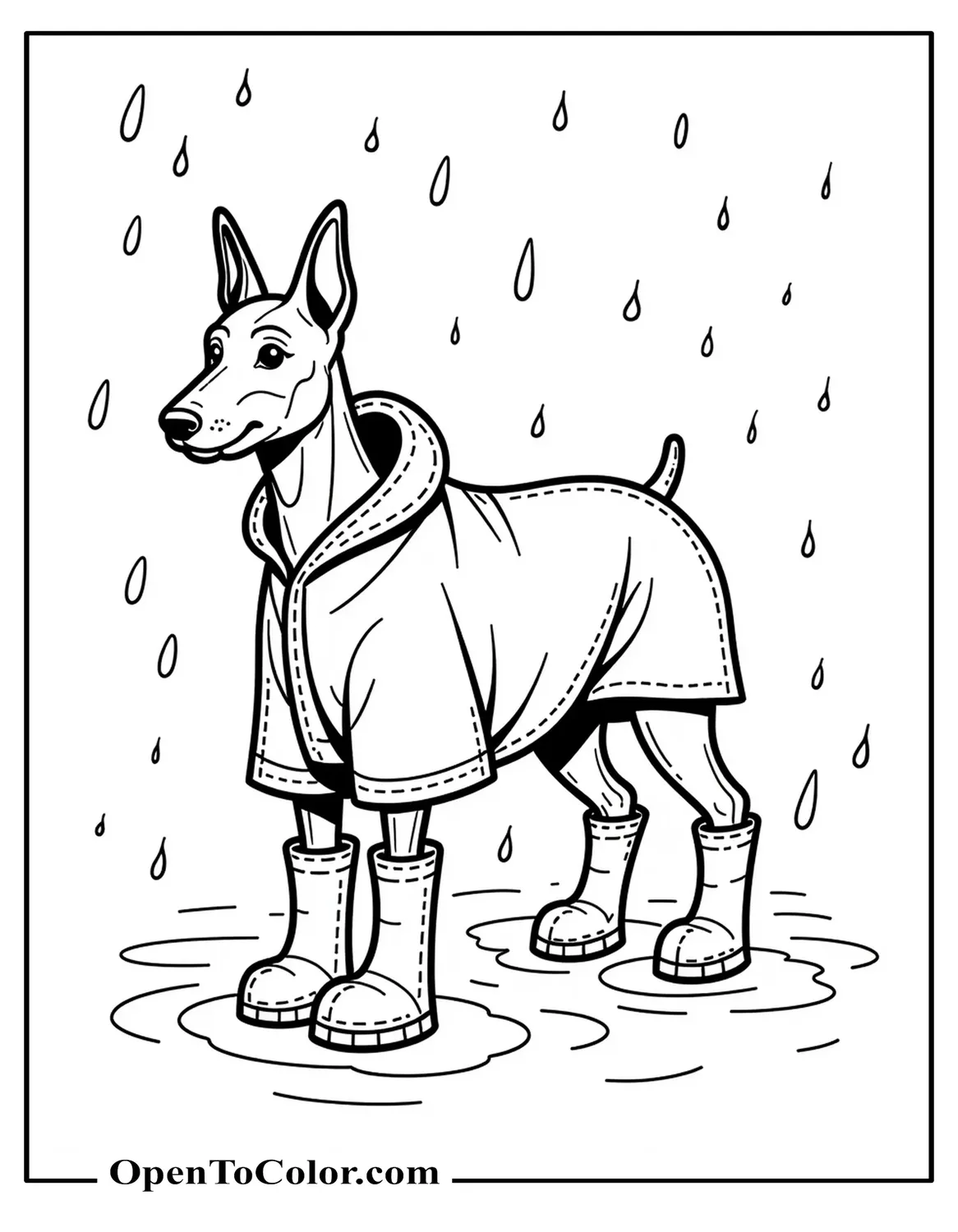 Doberman Wearing A Raincoat And Boots Coloring Sheet PDF Puddles And Tiny Raindrops Around