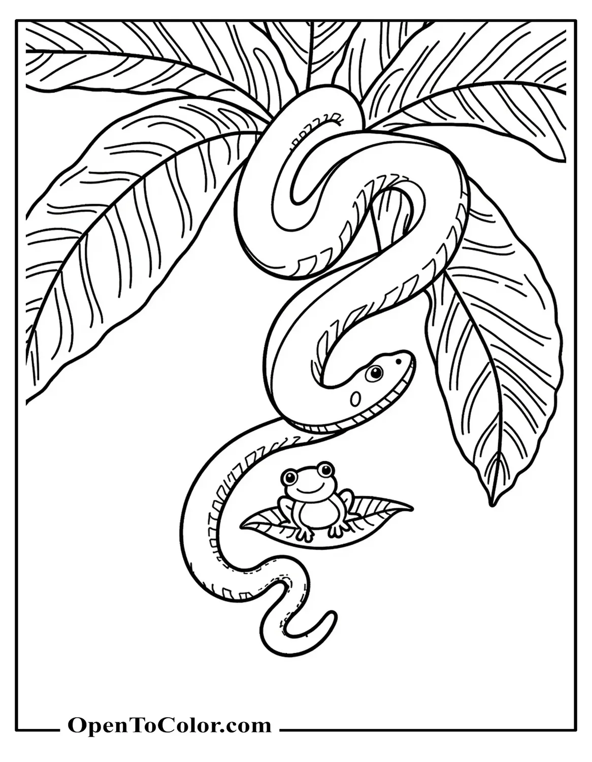 Printable Coloring Sheet of a Rainforest Snake Hanging From a Vine With Big Jungle Leaves and a Frog on a Leaf