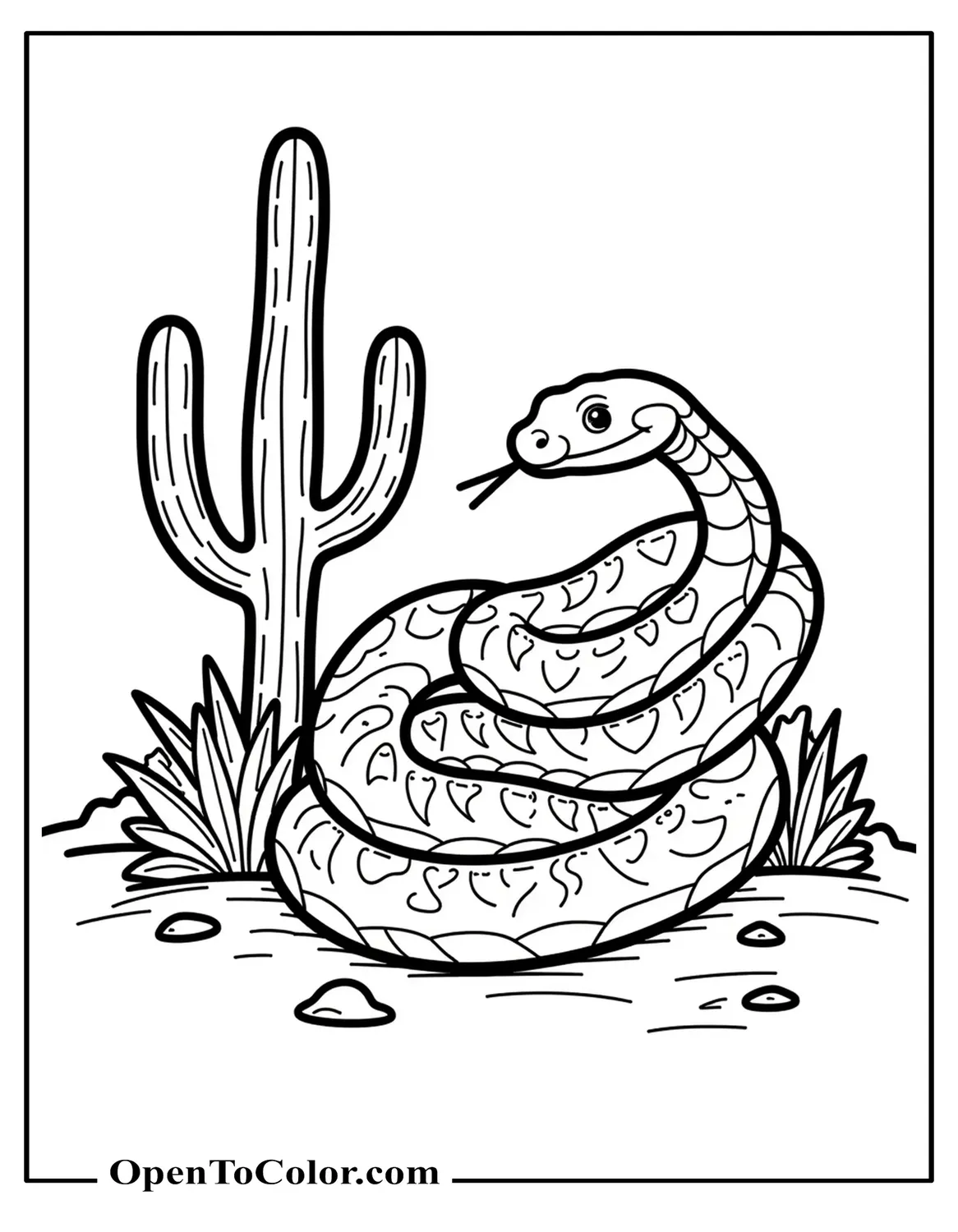 Free Coloring Page of a Rattlesnake Coiled Beside a Small Cactus